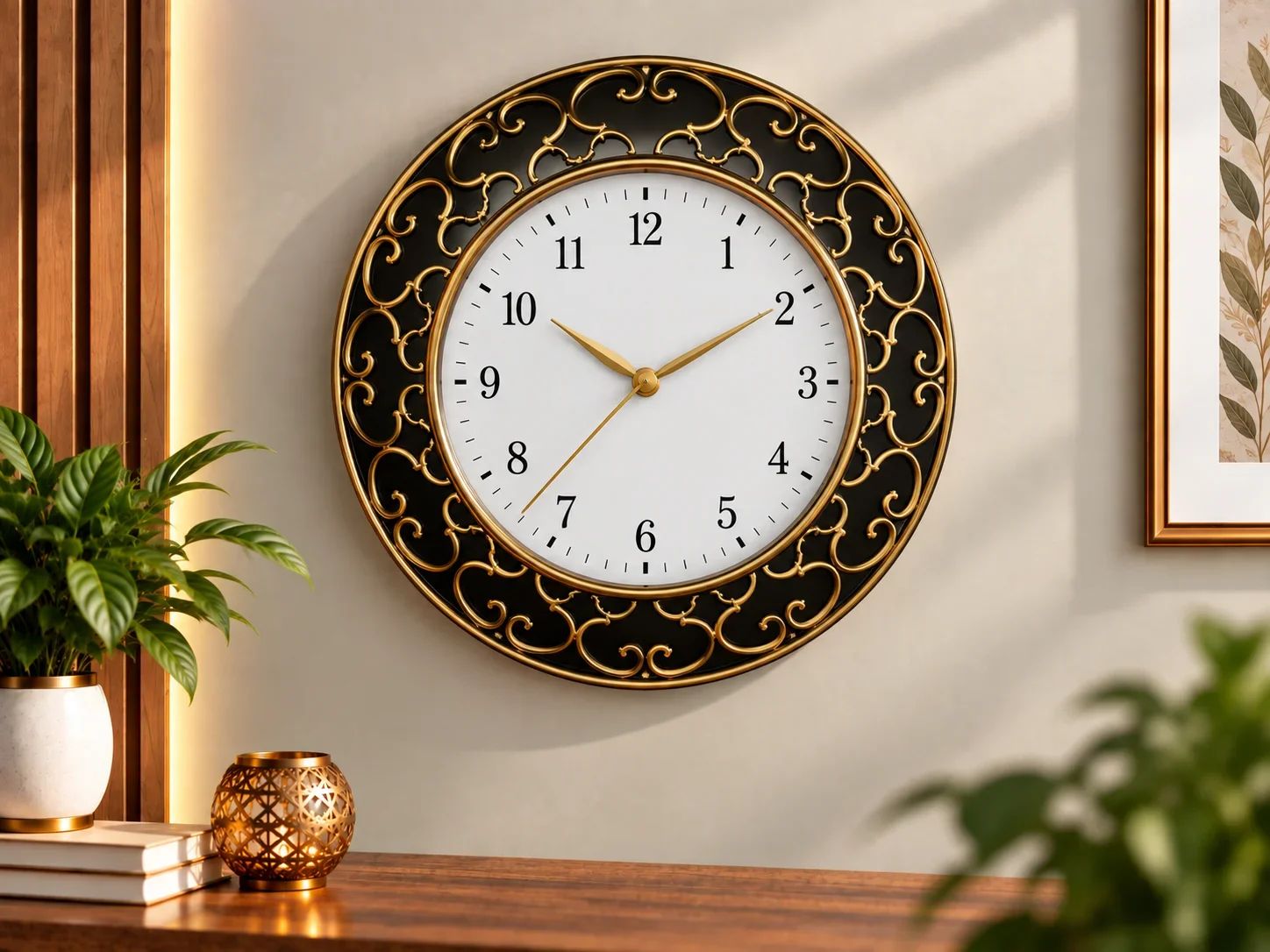 Royal Gold & Black Filigree Decorative Wall Clock