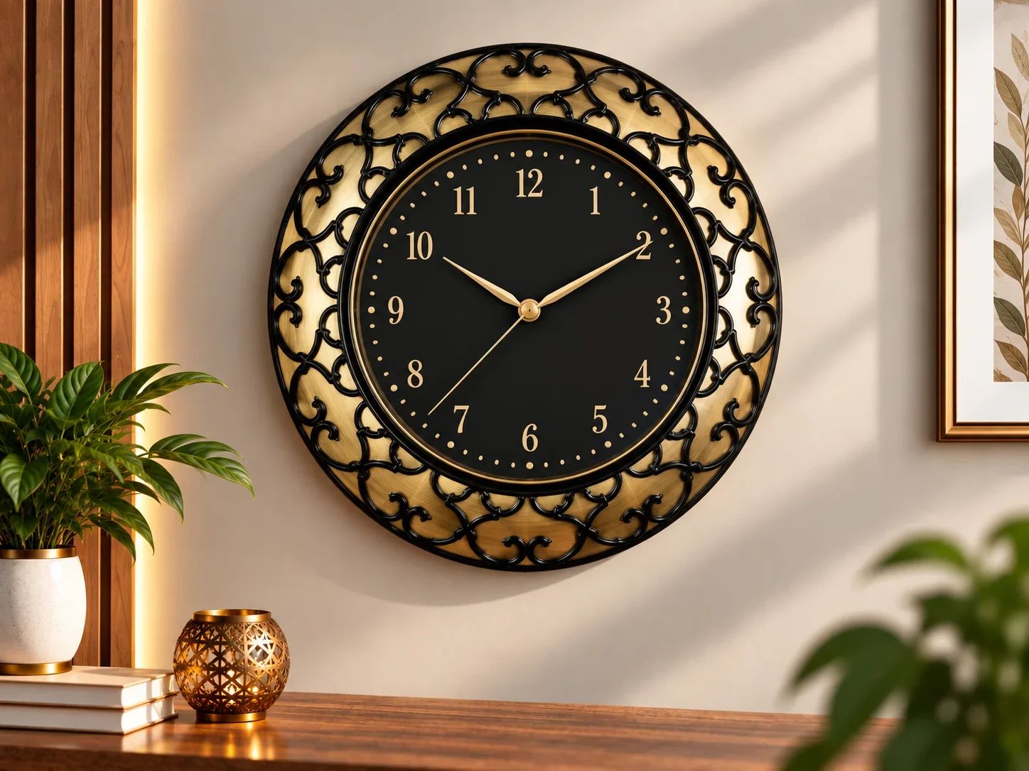 Antique Black & Brass Carved Pattern Wall Clock