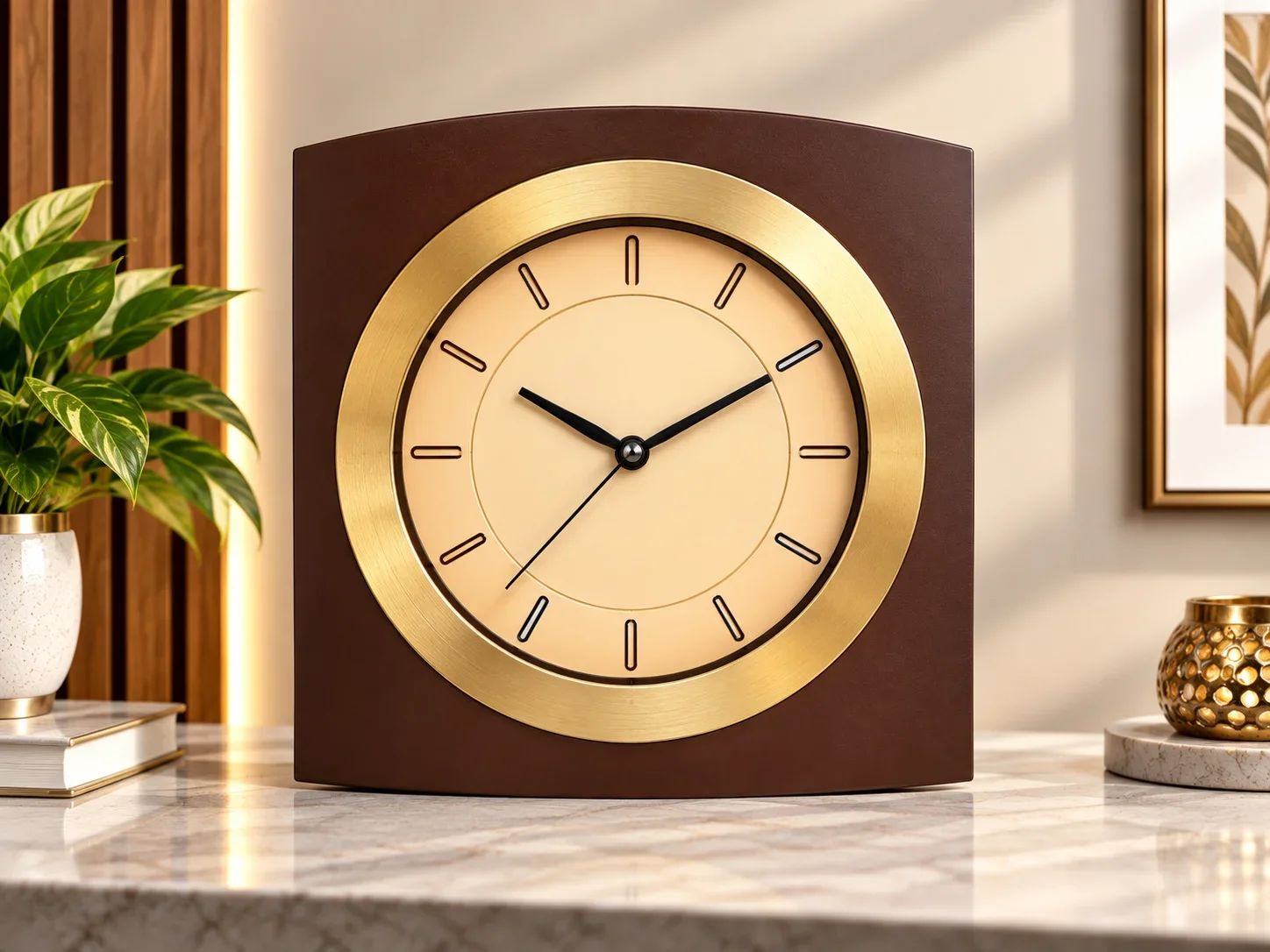 Elegant Walnut Brown & Gold Table Clock