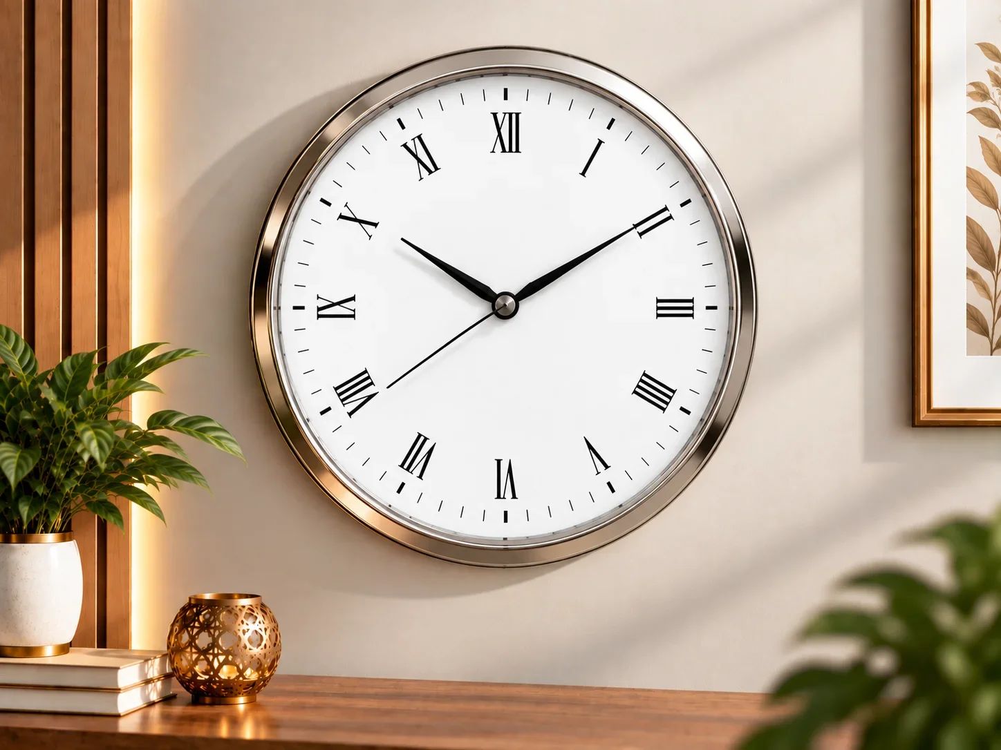 Modern Brushed Silver Wall Clock with Roman Numerals