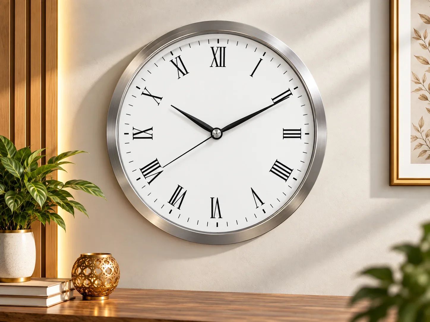 Classic Brushed Silver Roman Numeral Classic Wall Clock