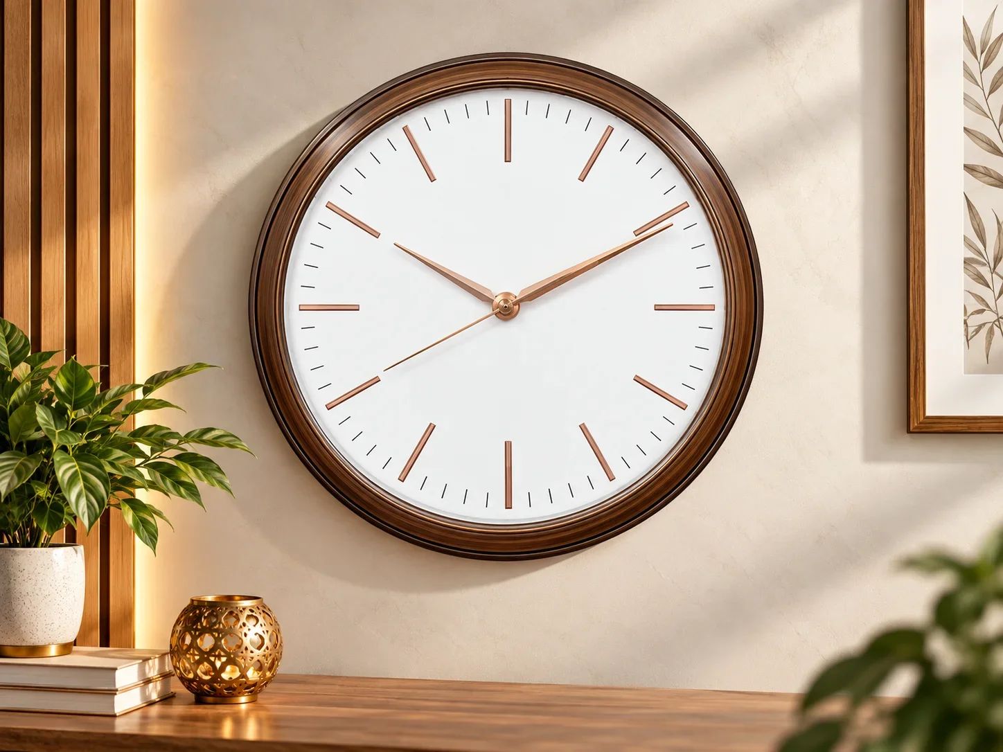 Scandinavian Dark Wood Wall Clock with Copper Hands