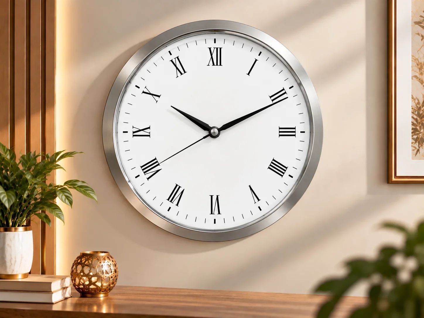 Classic Silver Wall Clock with Roman Numerals