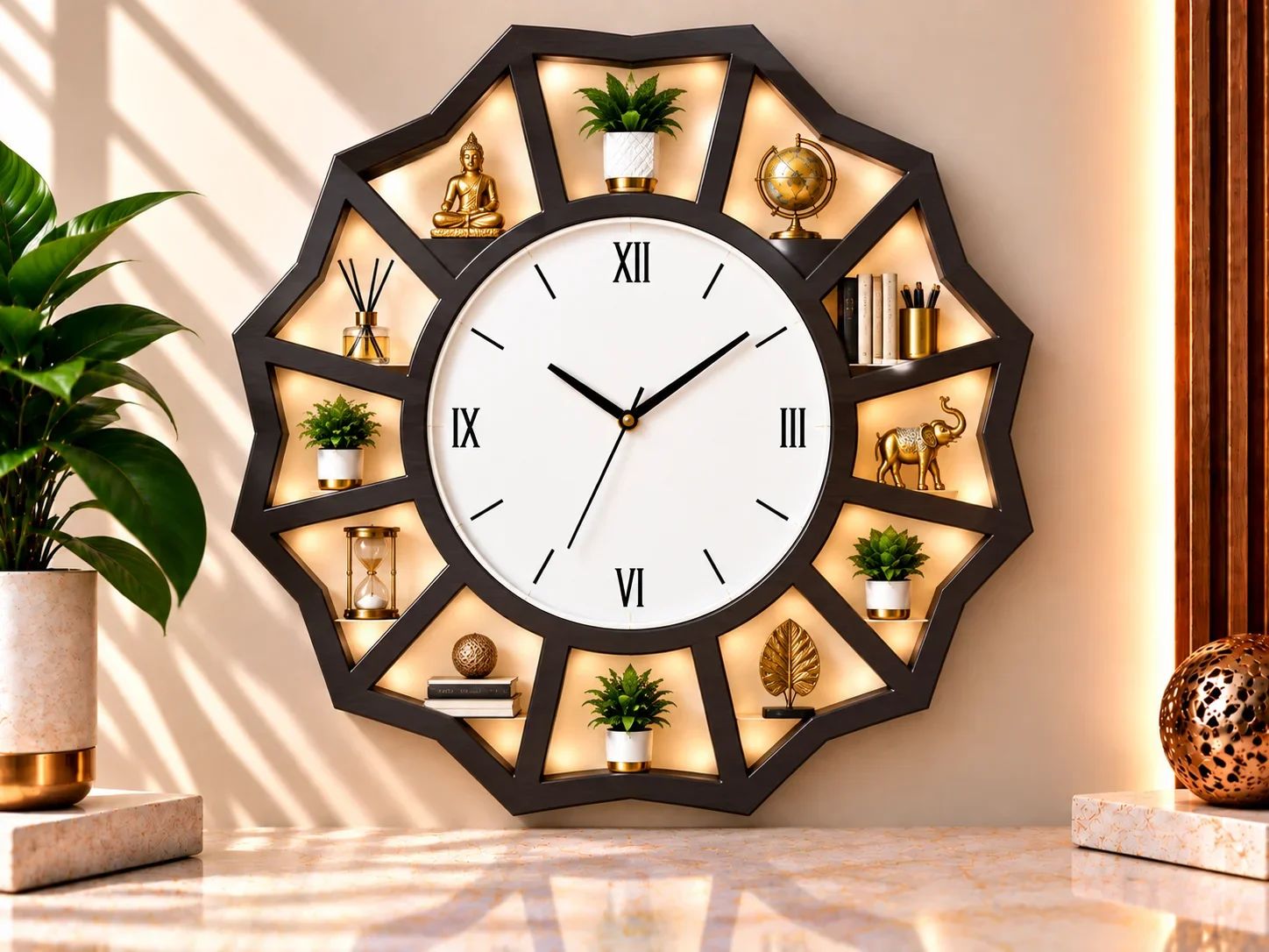 Dark Wood Geometric Display Shelf Wall Clock