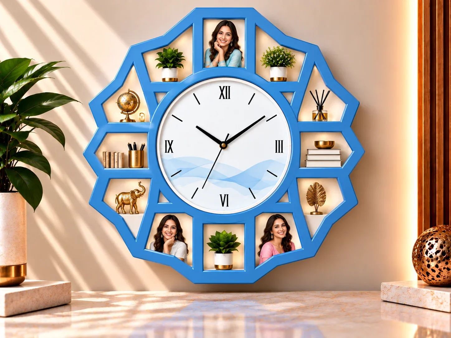 Sky Blue Geometric Multi-Photo Display Wall Clock