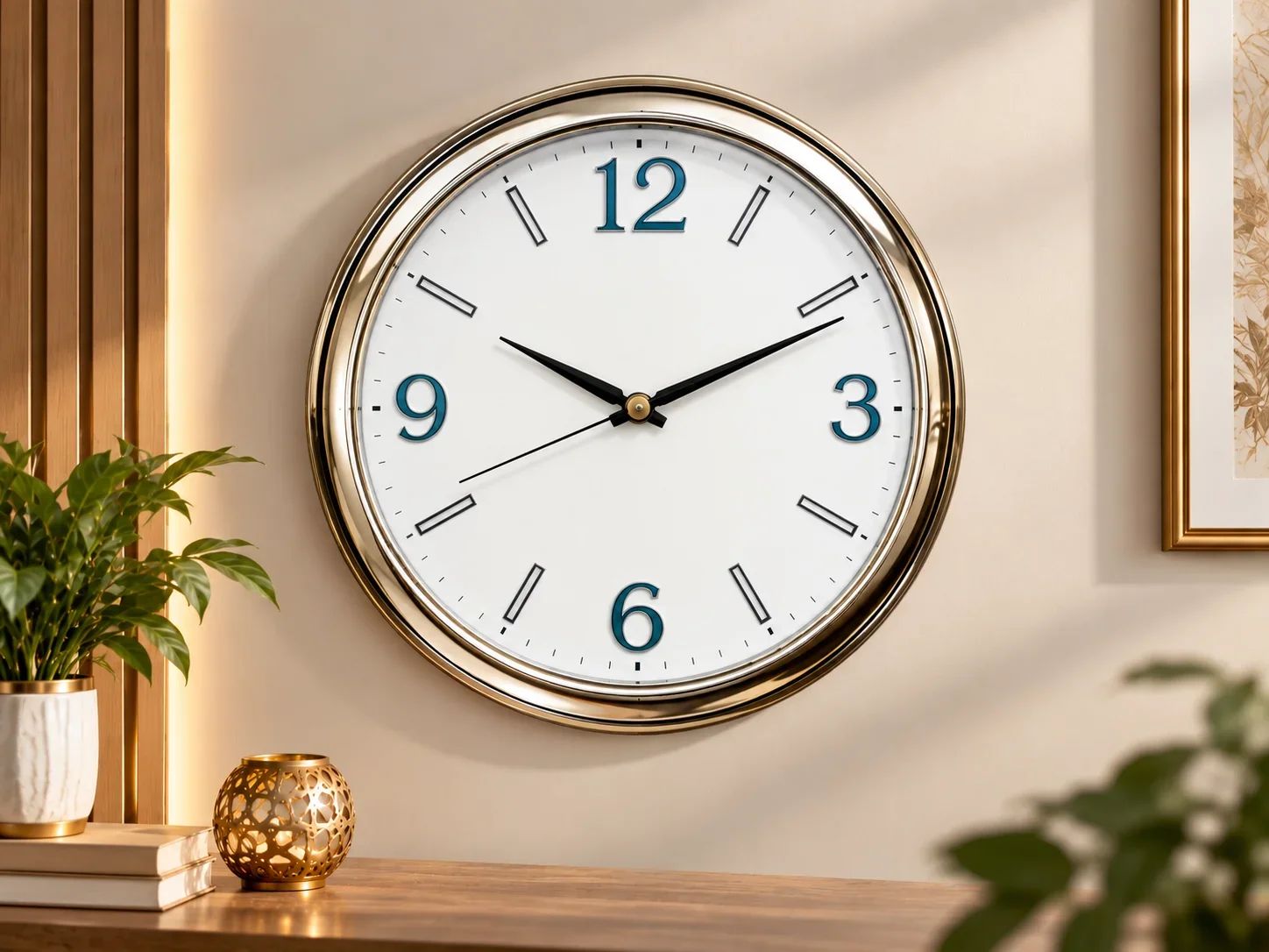 Polished Gold Wall Clock with Teal Numerals
