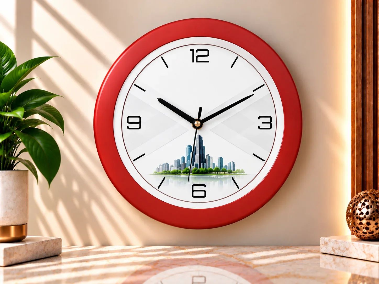 Red Round Wall Clock with City Skyline Graphic