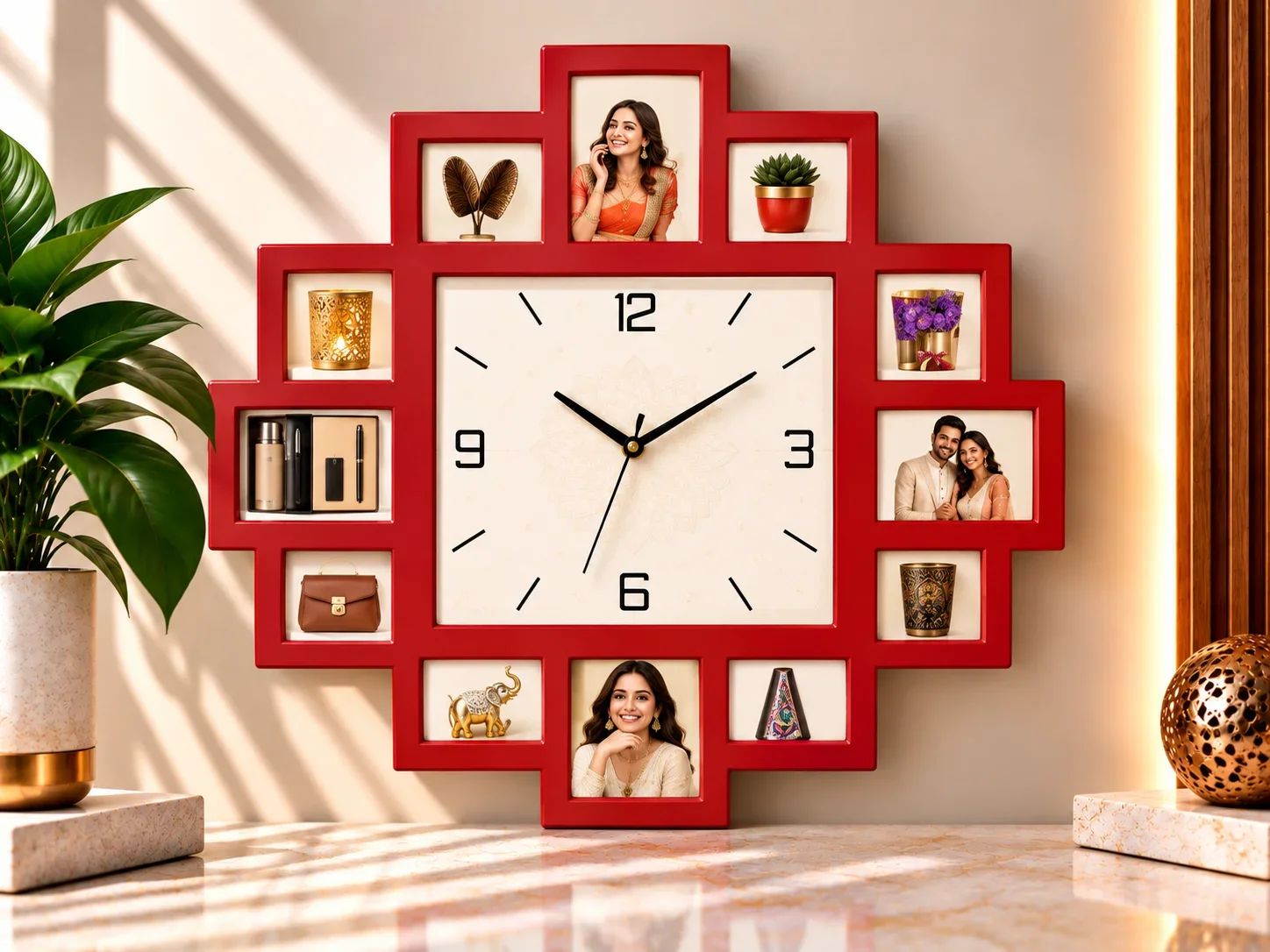 Red Geometric Multi Framed Wall Clock