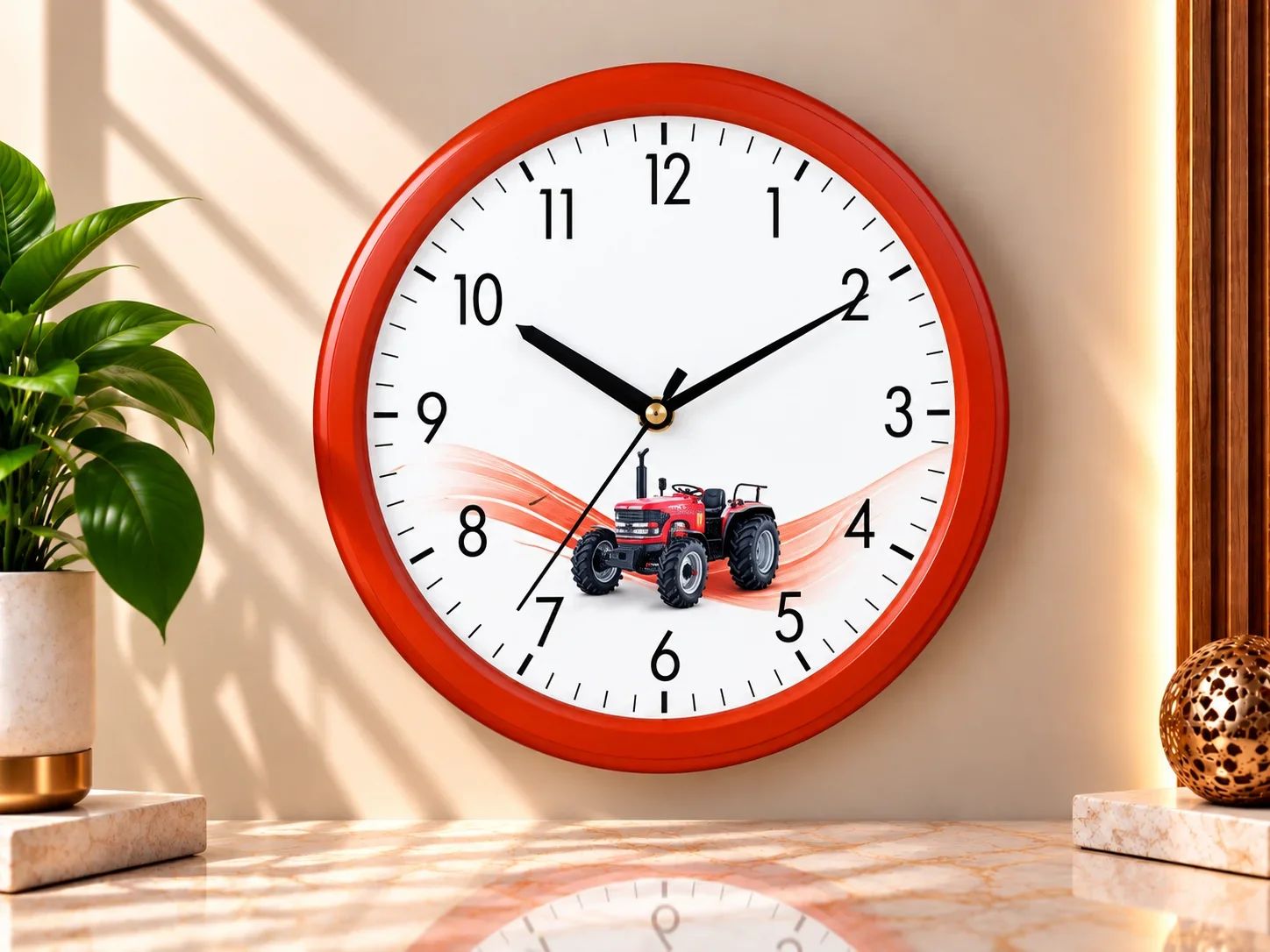 Red Wall Clock with Tractor Graphic Accent