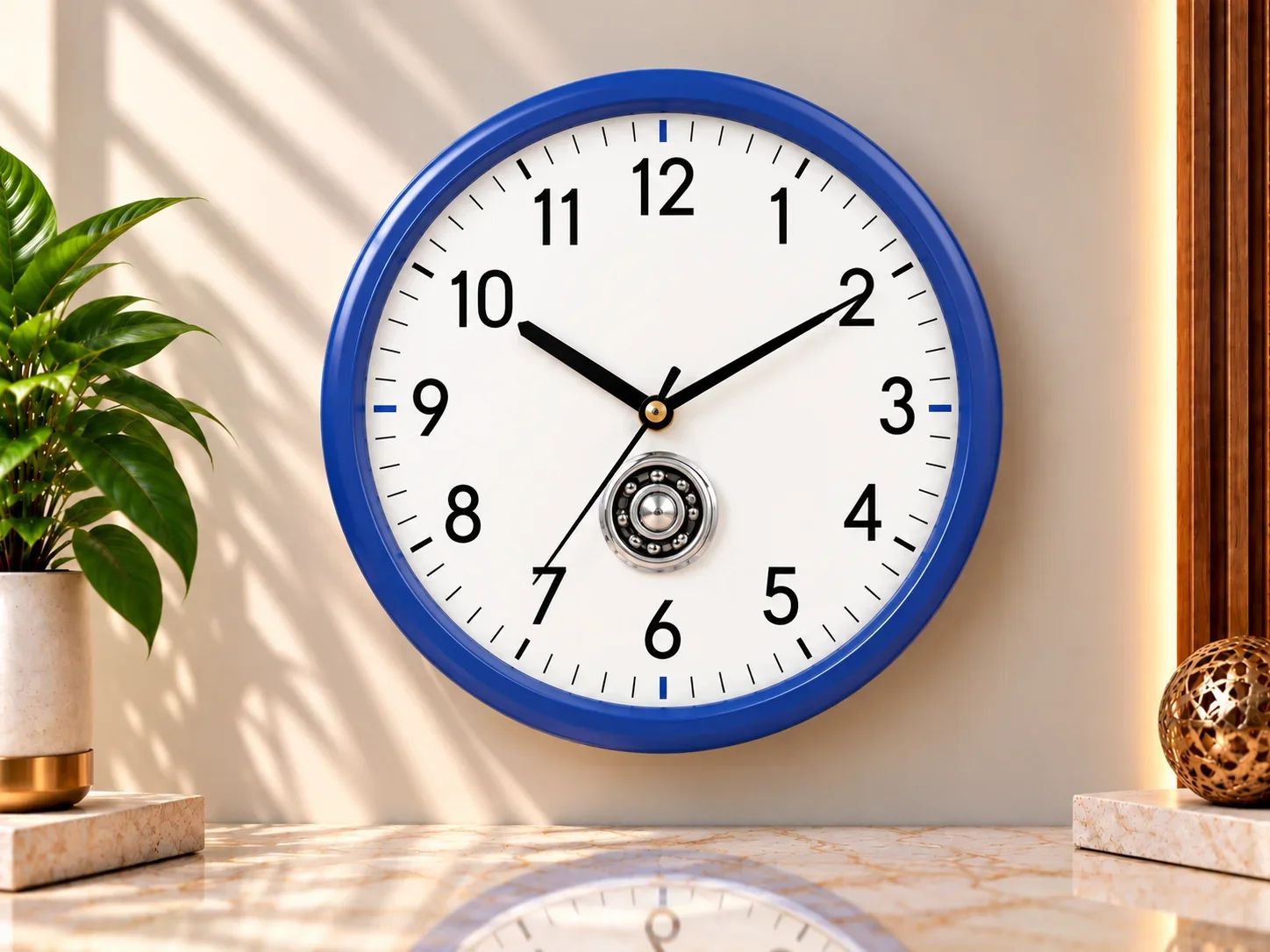 Modern Blue Wall Clock with Metallic Bearing Graphic Accent