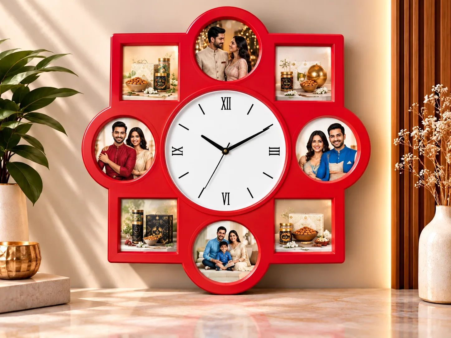 Vibrant Red Multi-Photo Frame Wall Clock