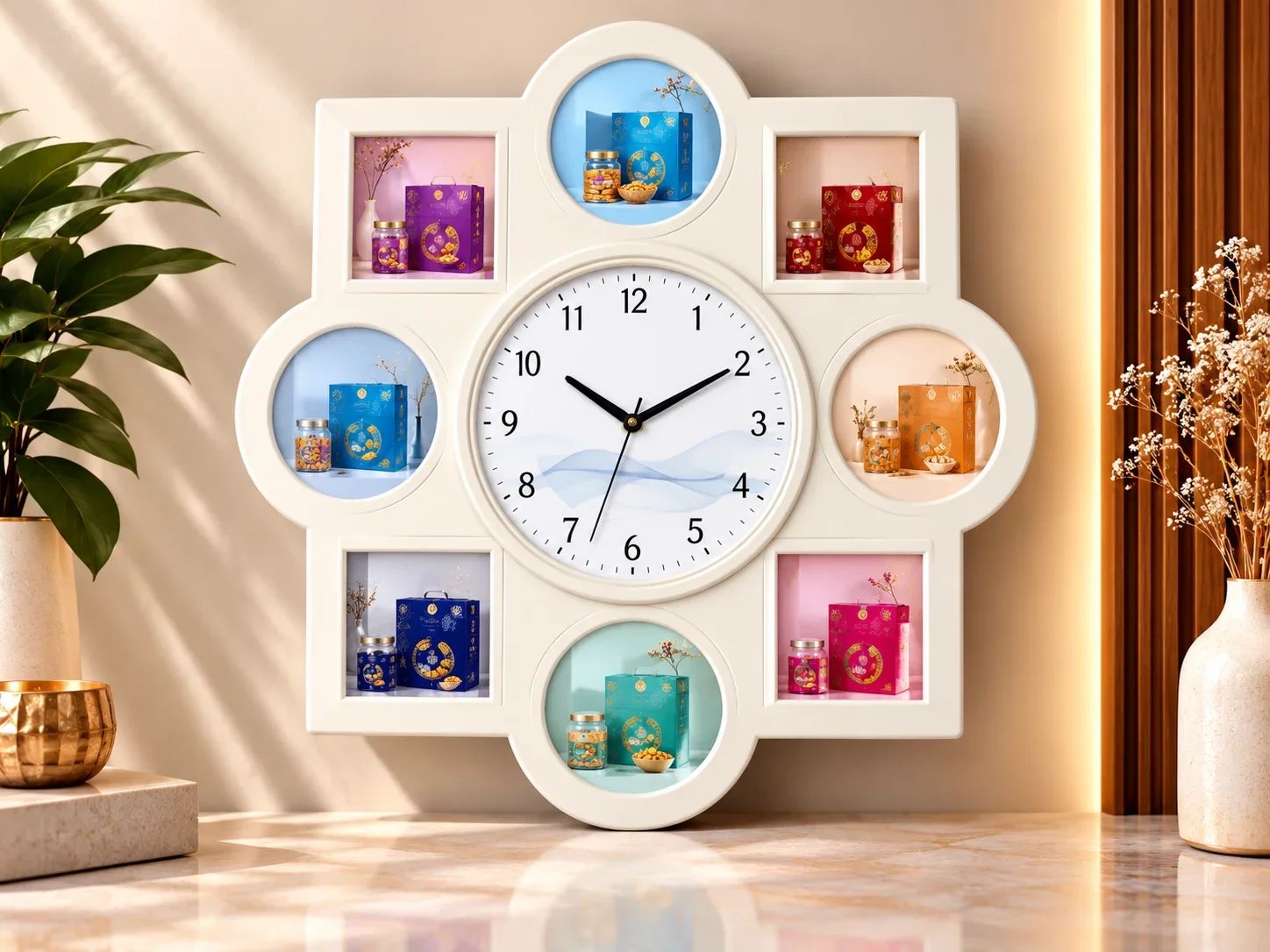 Off-White Geometric Shelf Wall Clock with Pastel Alcoves
