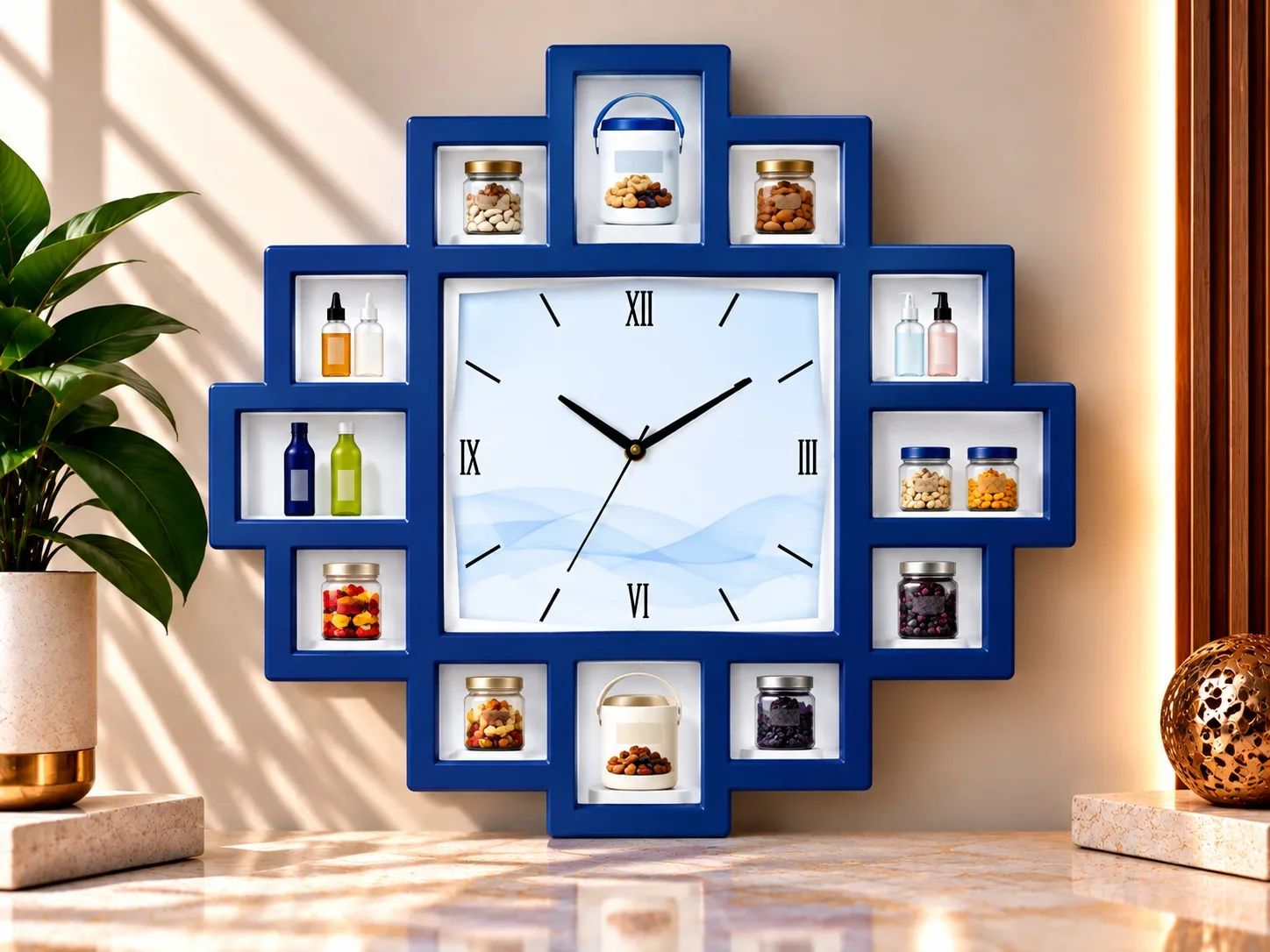 Deep Blue Square Geometric Display Shelf Wall Clock