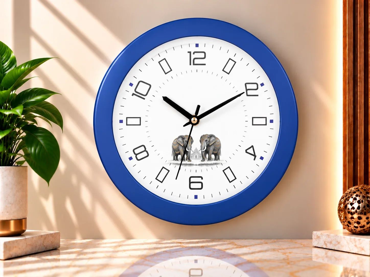 Royal Blue Round Wall Clock with Elephant Motif