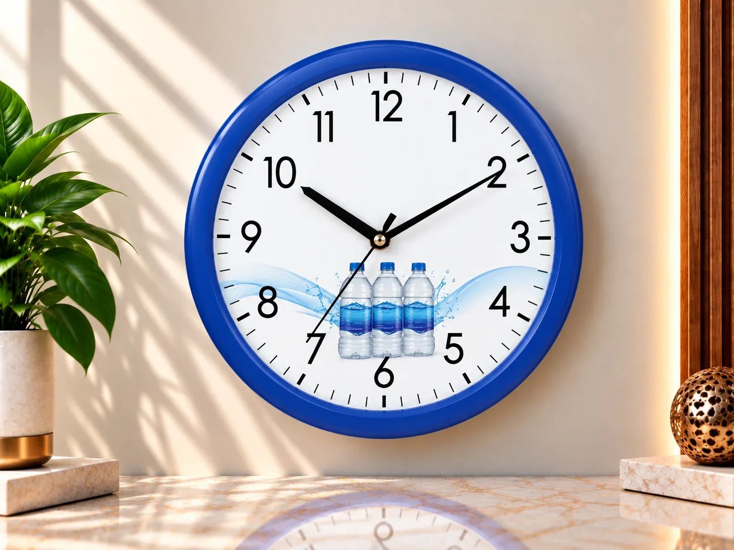 Bright Blue Round Wall Clock with Water Splash Graphic