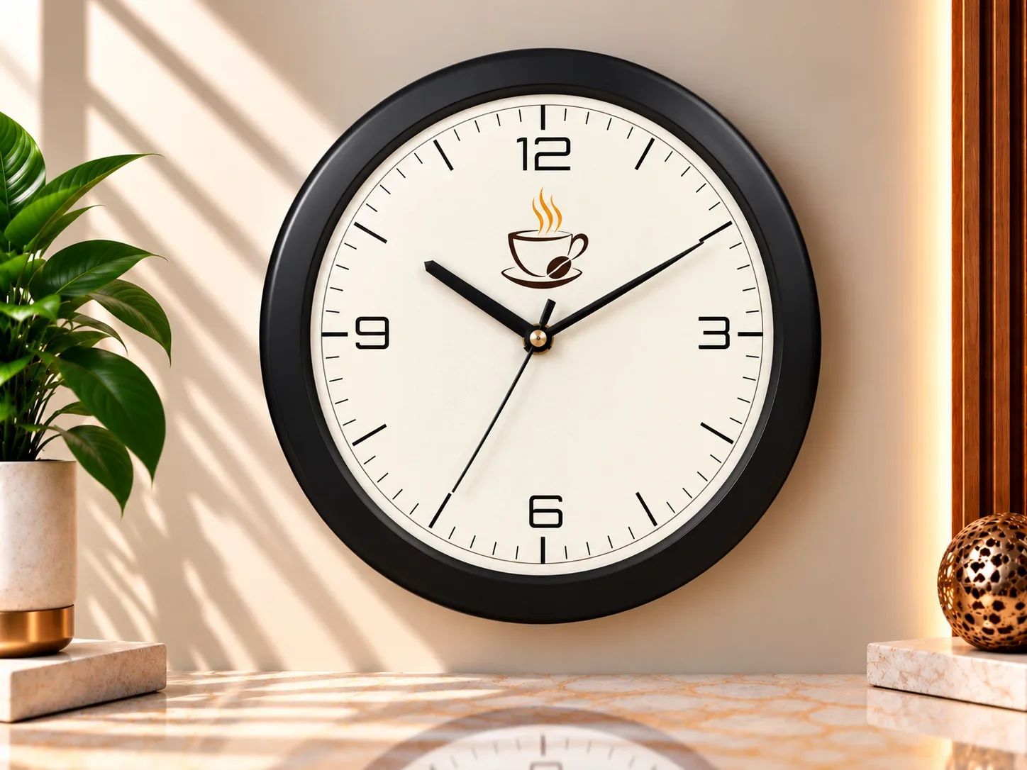 Matte Black Coffee Motif Round Wall Clock