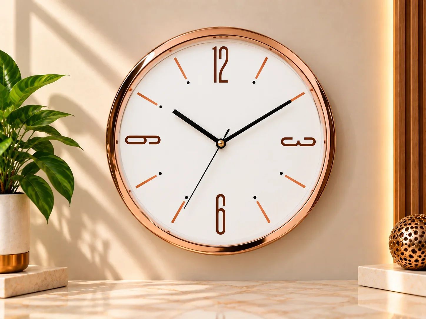 Rose Gold Metallic Wall Clock with Minimalist Numerals