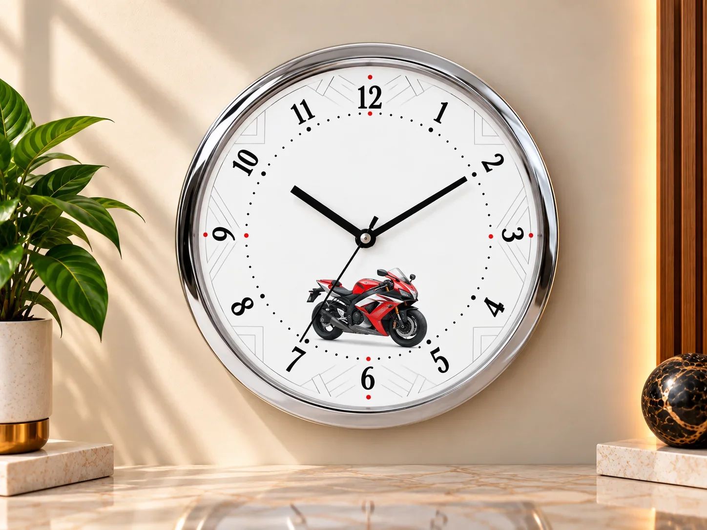 Chrome Round Wall Clock with Red Sport Bike Graphic