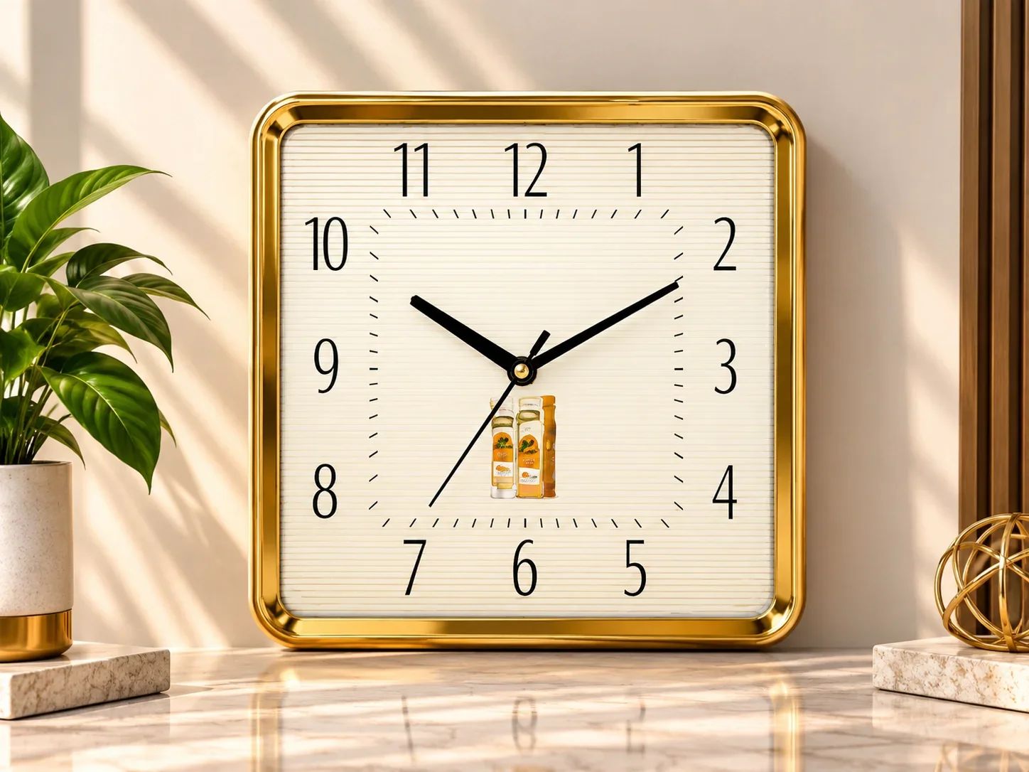 Polished Gold Square Wall Clock with Essential Oils Graphic