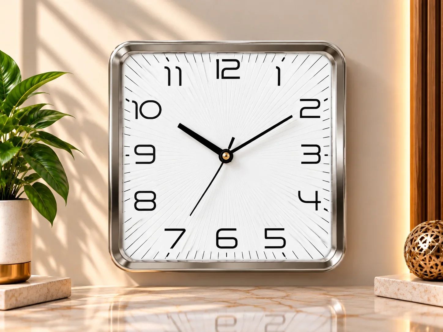 Silver Metallic Square Wall Clock with Sunburst Dial