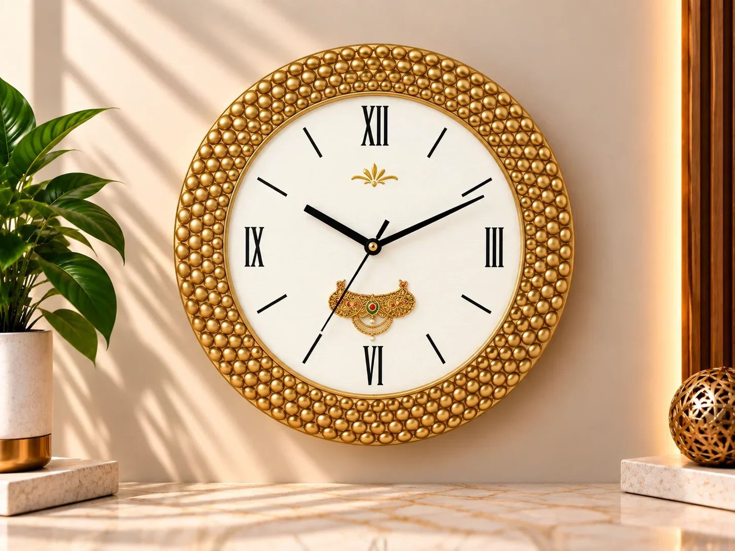 Gold Beaded Frame Wall Clock with Traditional Jewelry Medallion
