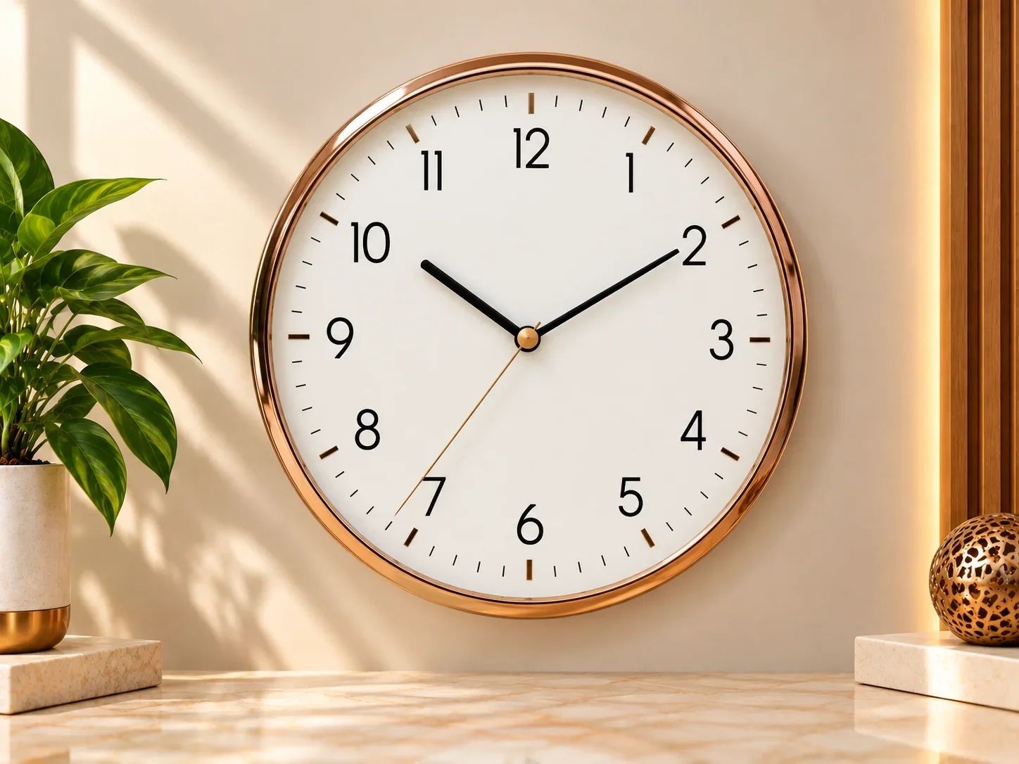 Rose Gold Round Wall Clock with Slender Typography