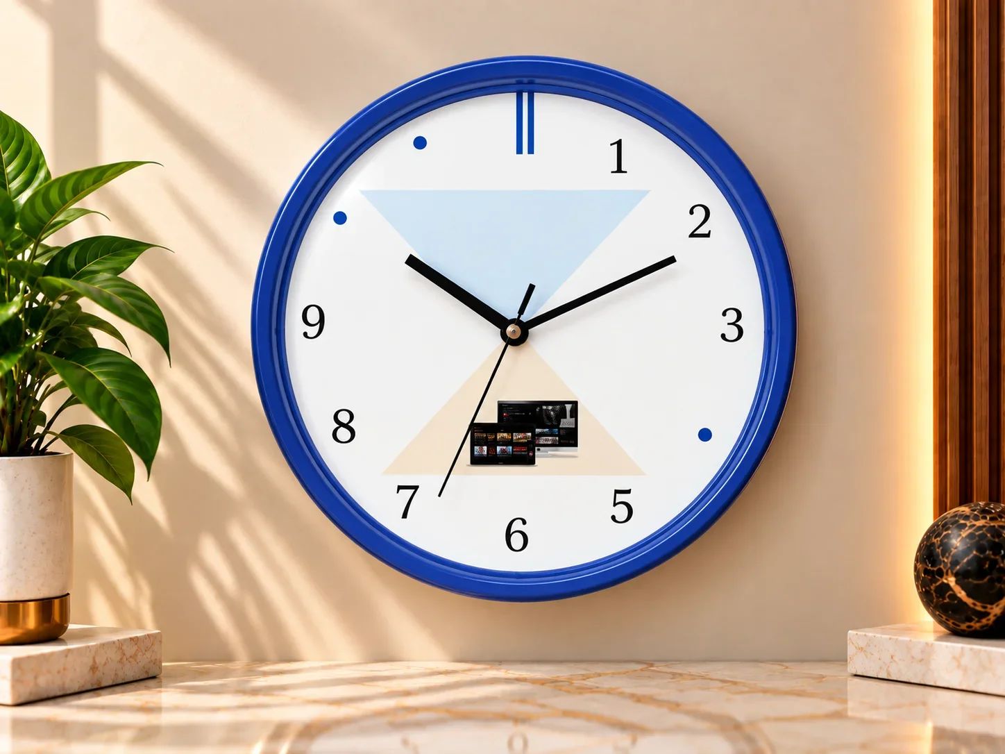 Bright Blue Round Wall Clock with Geometric Split Graphic