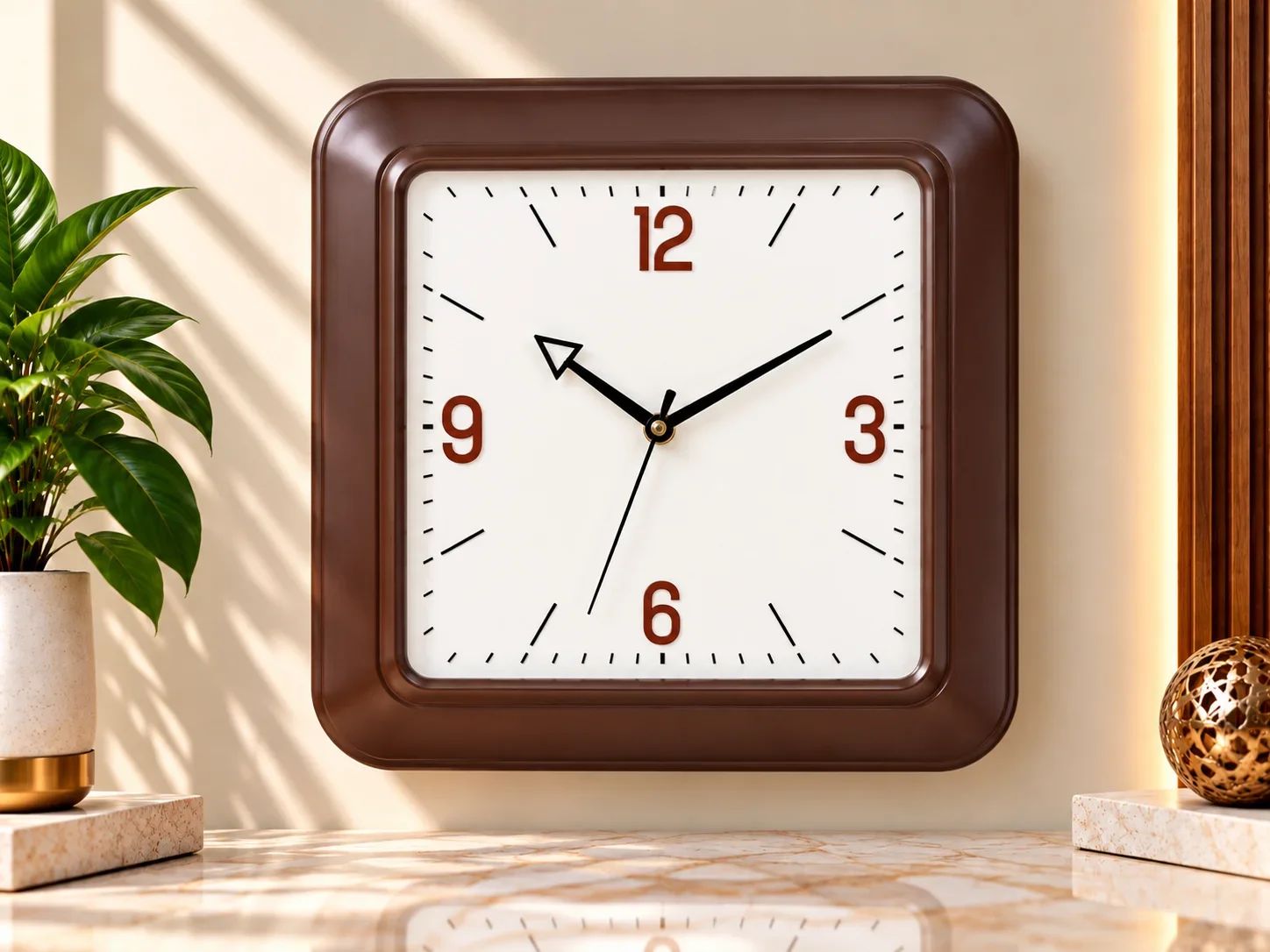 Dark Brown Square Wall Clock with Cardinal Numerals
