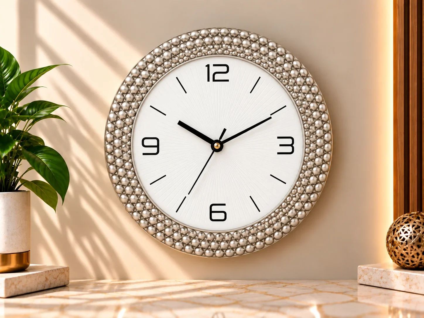 Pearl Beaded Bezel Wall Clock with Sunray Dial