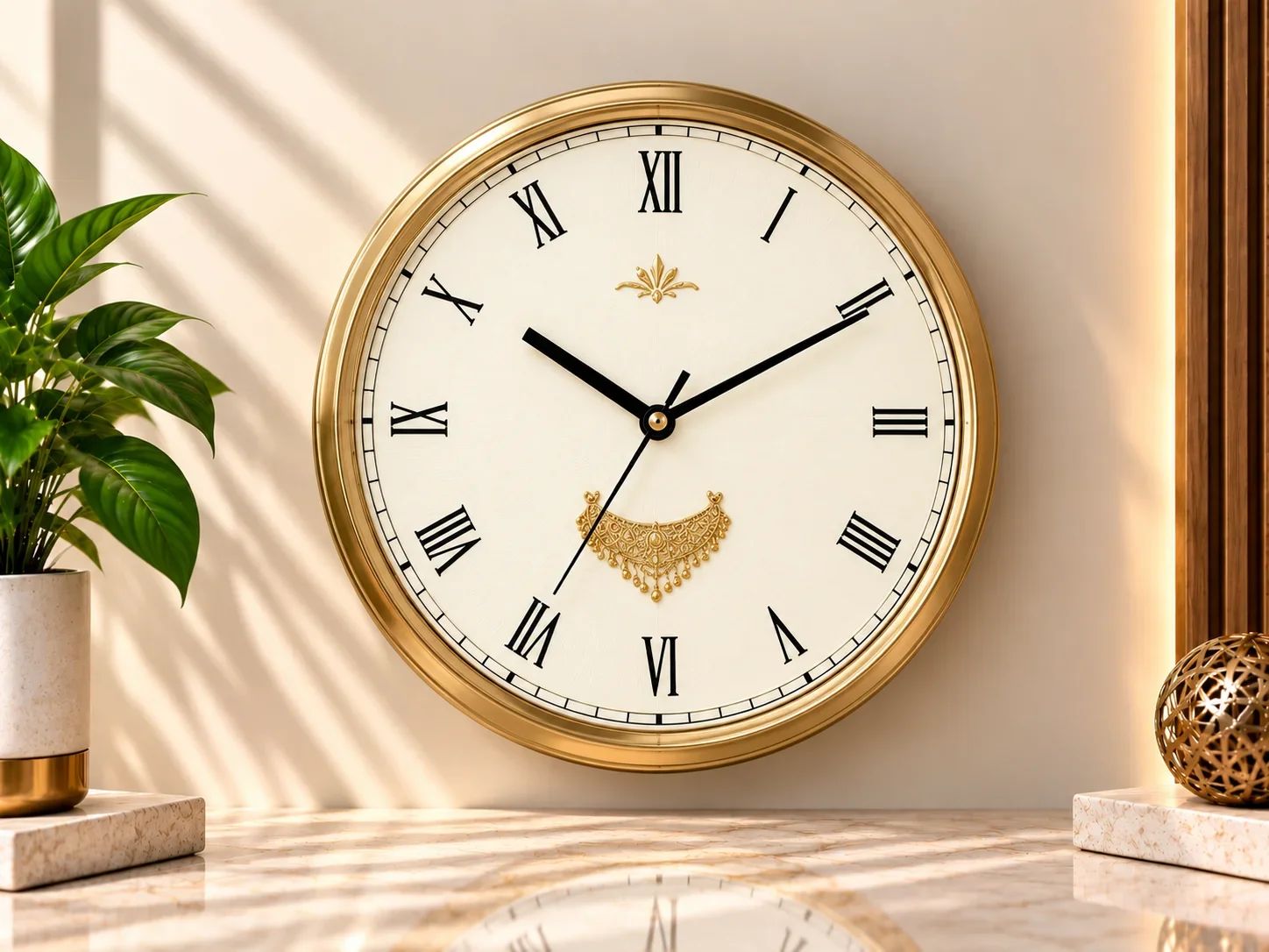 Polished Gold Wall Clock with Jewelry Graphic & Roman Numerals