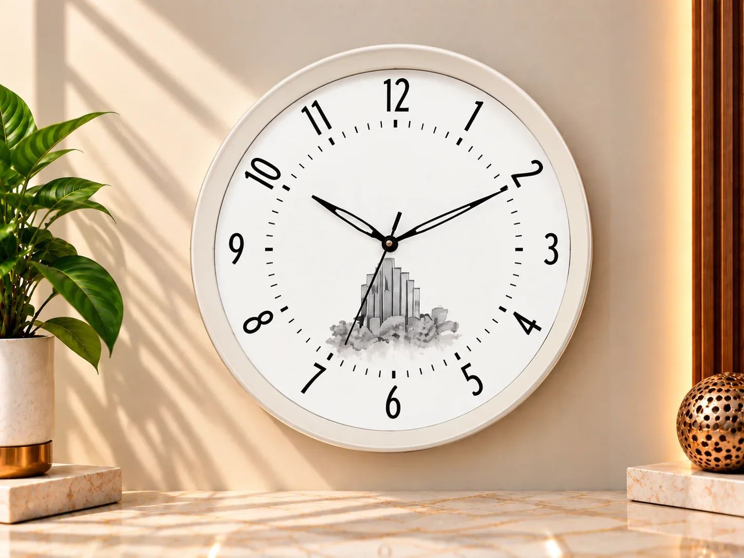 White Round Wall Clock with City Graphic