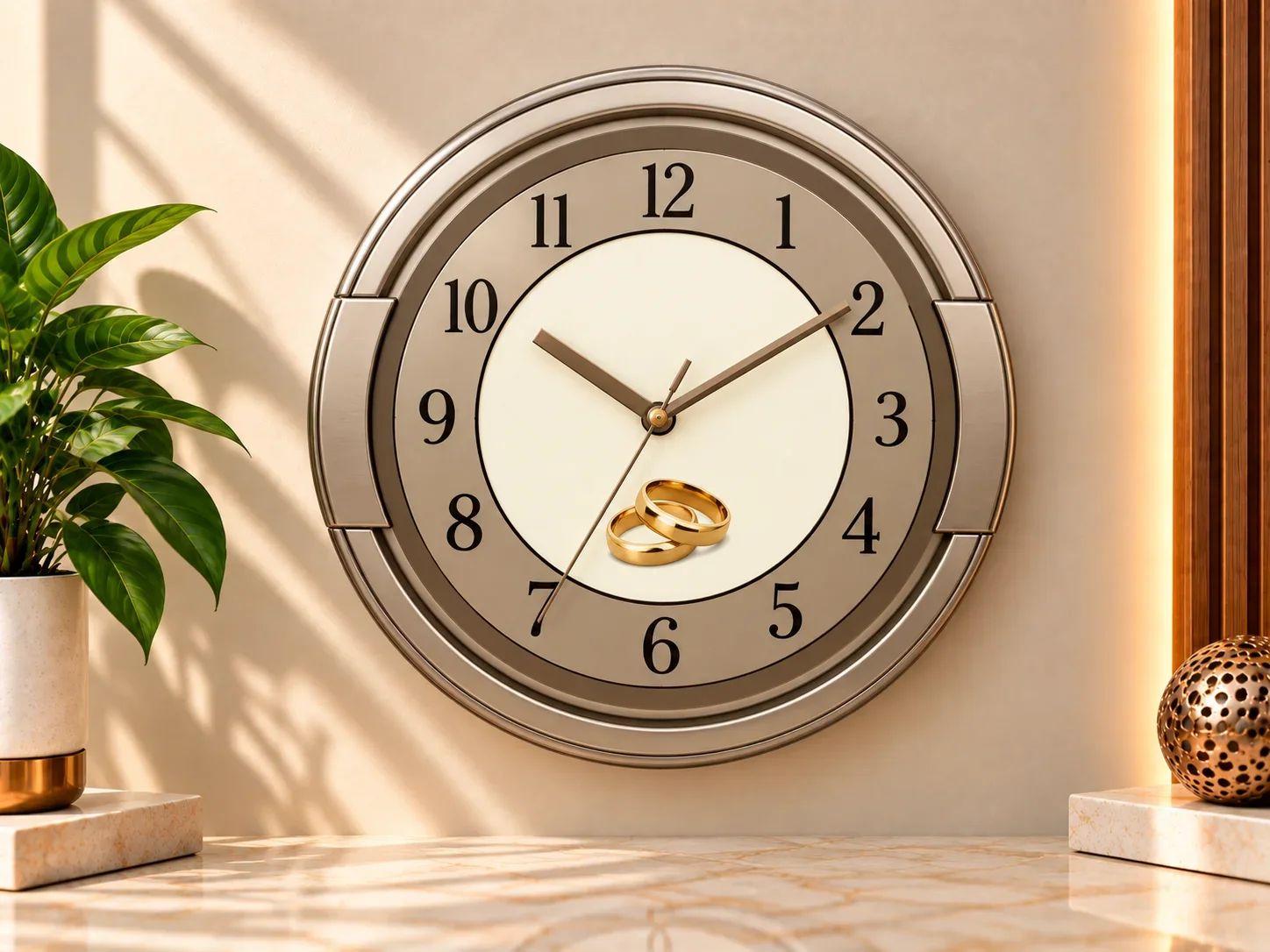 Metallic Round Wall Clock with Wedding Rings Graphic