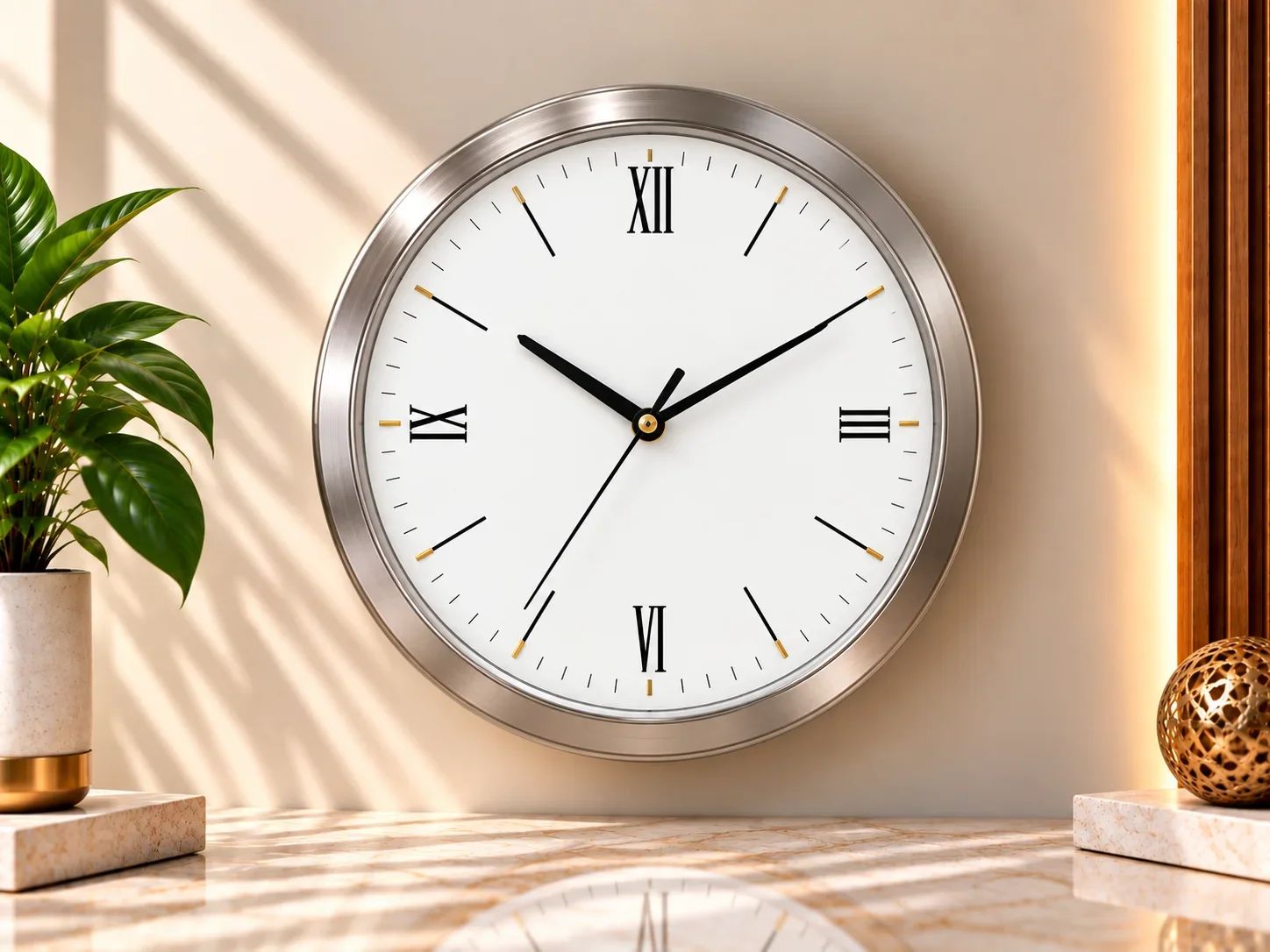 Brushed Silver Wall Clock with Roman Numerals & Gold Indices
