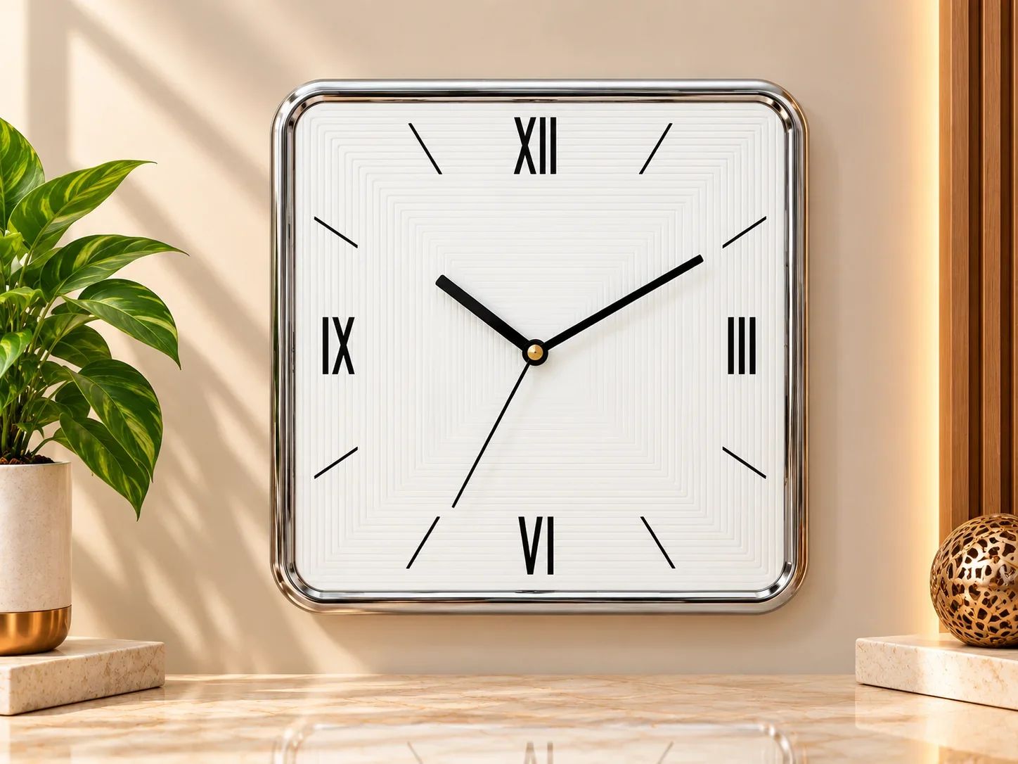 Silver Square Wall Clock with Roman Numerals