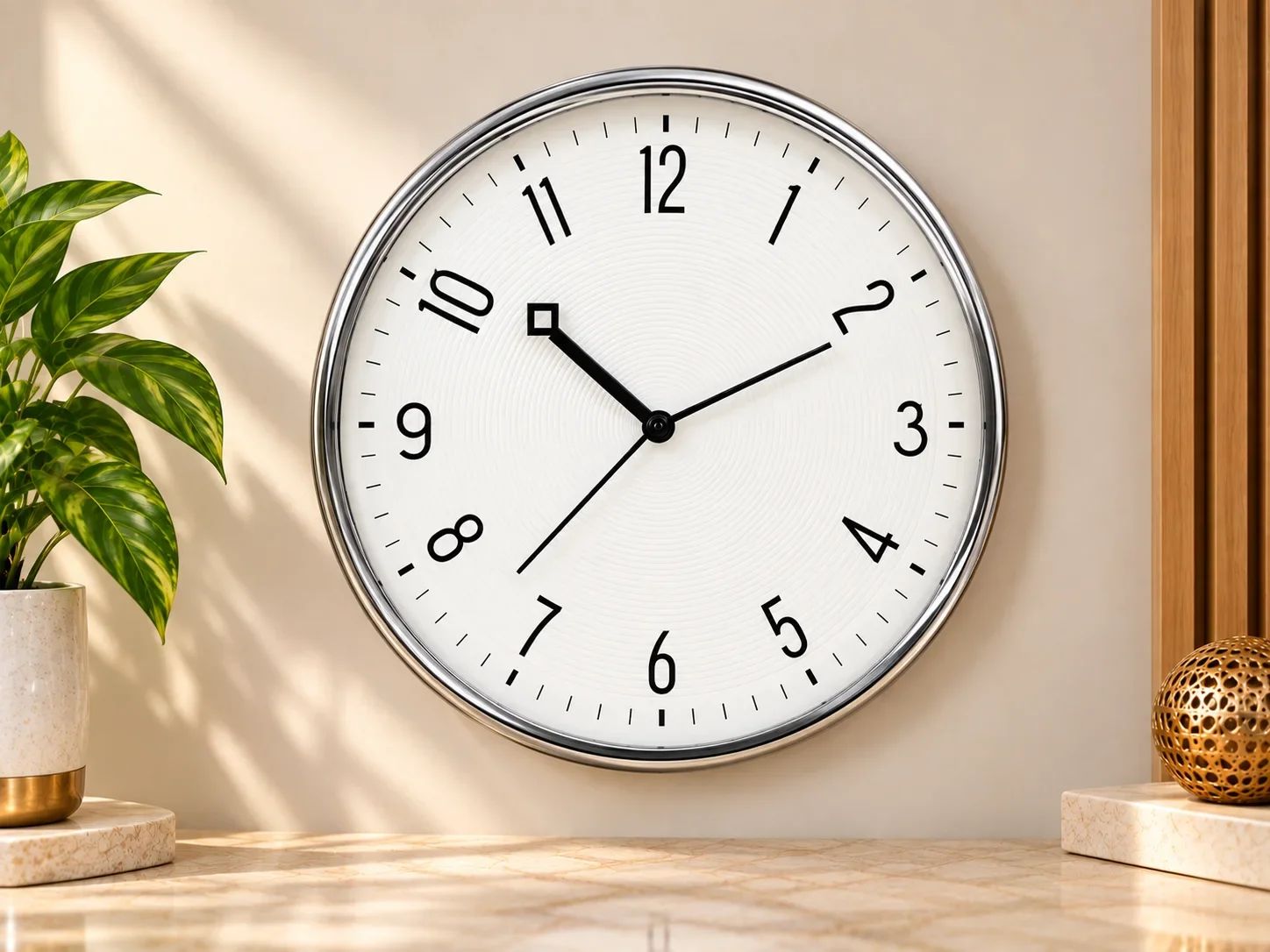 Silver Round Wall Clock with Concentric Ring Texture