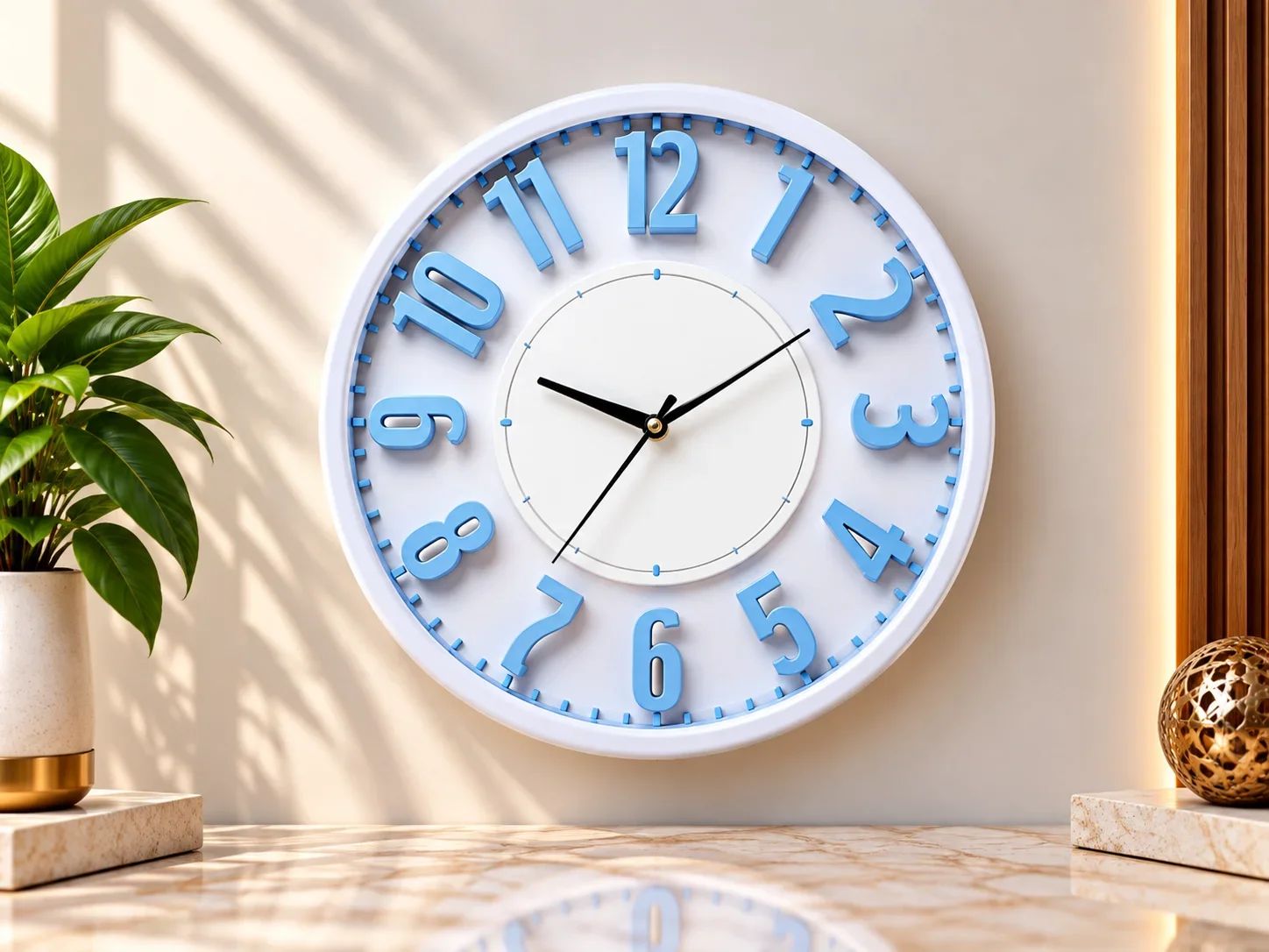 White Round Wall Clock with Raised Light Blue Numerals