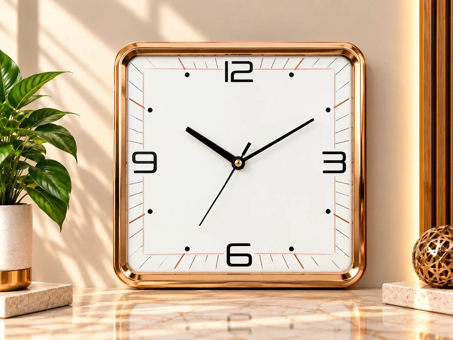 Polished Copper Square Wall Clock with Modern Indices