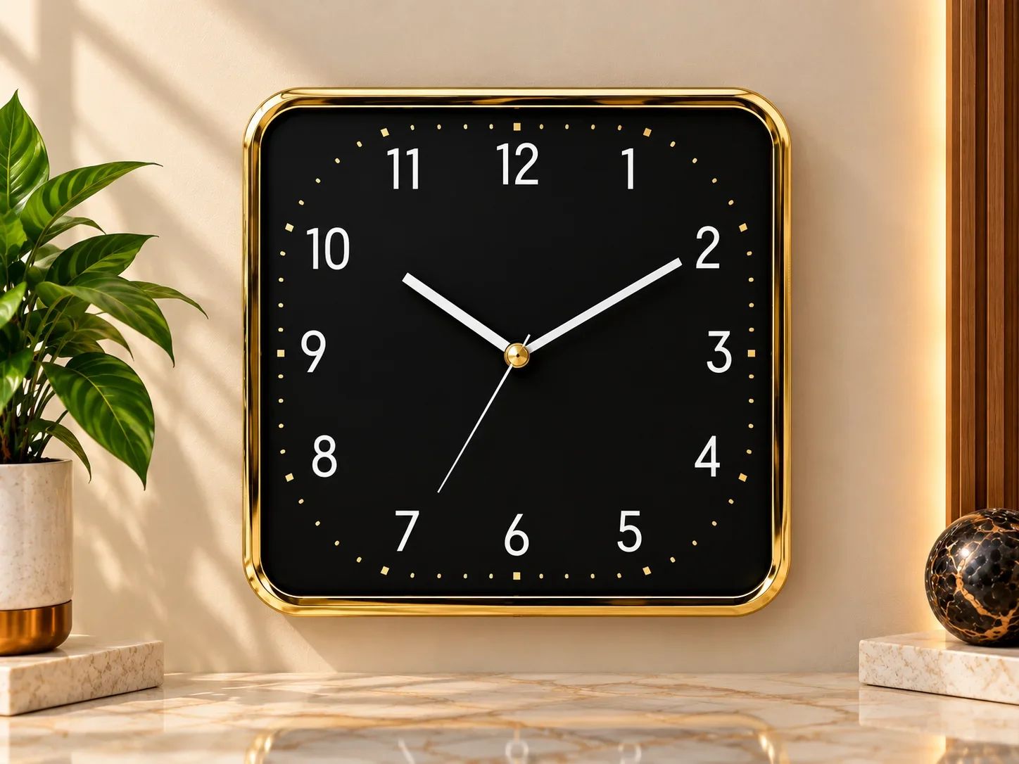 Gold Square Wall Clock with Black Dial & White Numerals