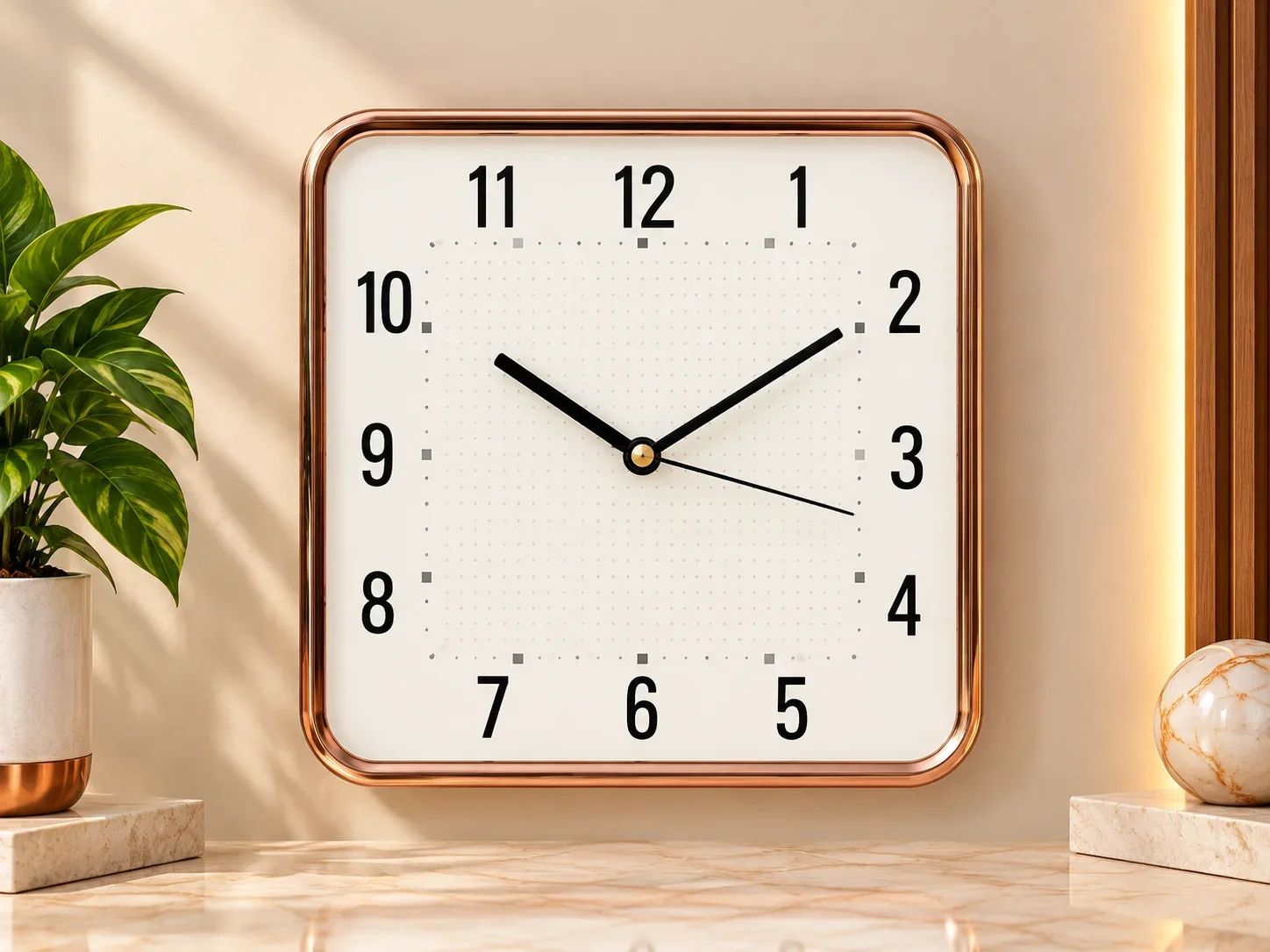 Rose Gold Square Wall Clock with Dotted Pattern Dial