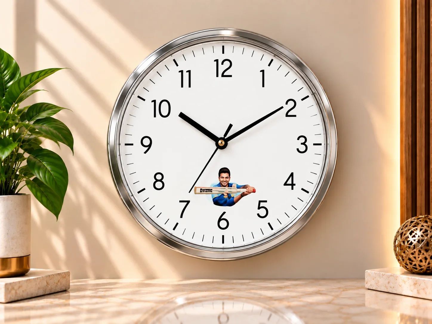 Chrome Round Wall Clock with Cricketer Graphic