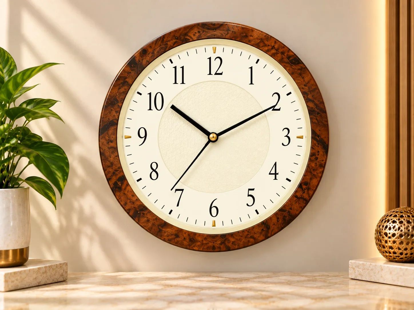 Dark Wood Grain Round Wall Clock with Textured Center