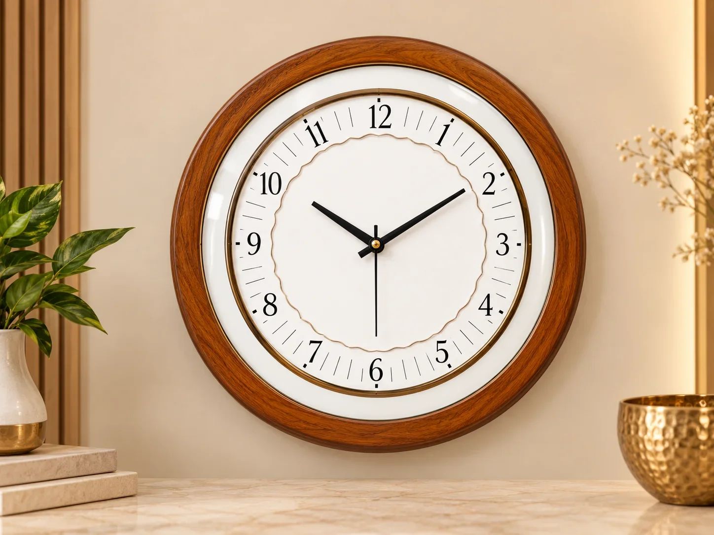 Warm Wood & Gold Wall Clock with Scalloped Inner Ring