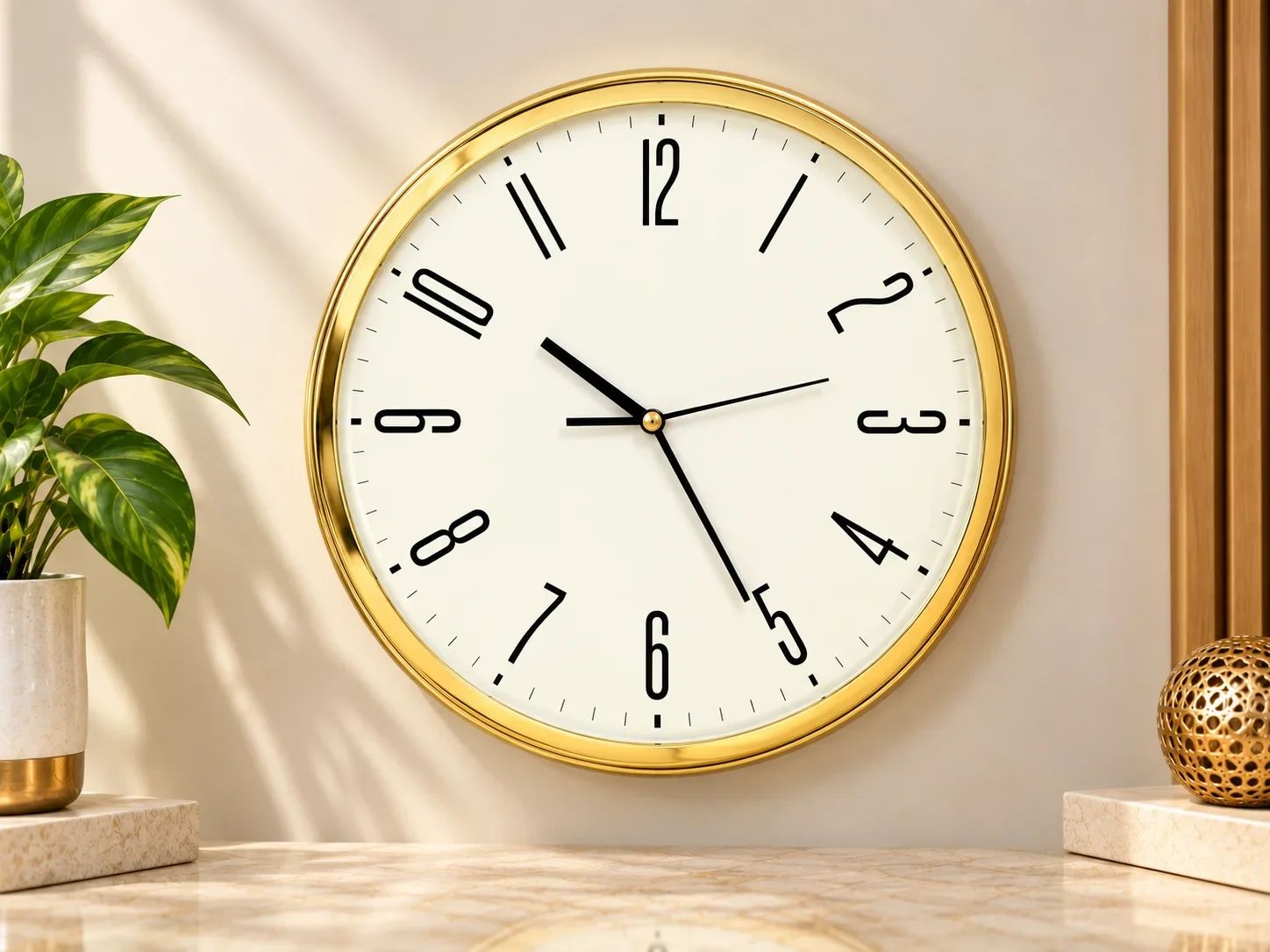 Polished Gold Round Wall Clock with Flared Typography