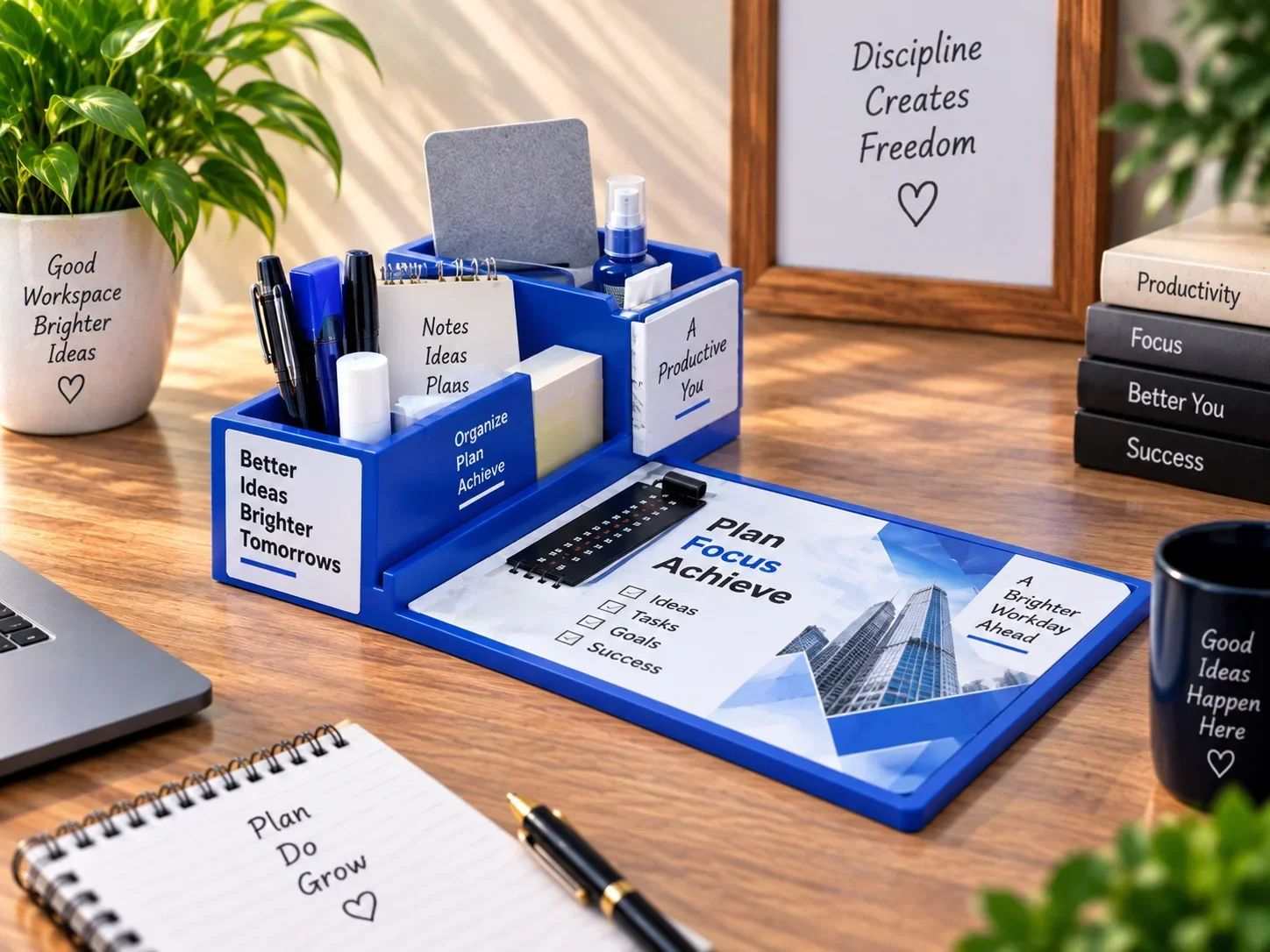 Blue Multi-Slot Desk Organizer with Integrated Clipboard