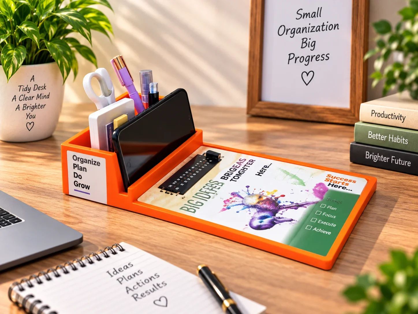 Orange Desk Organizer with Integrated Clipboard