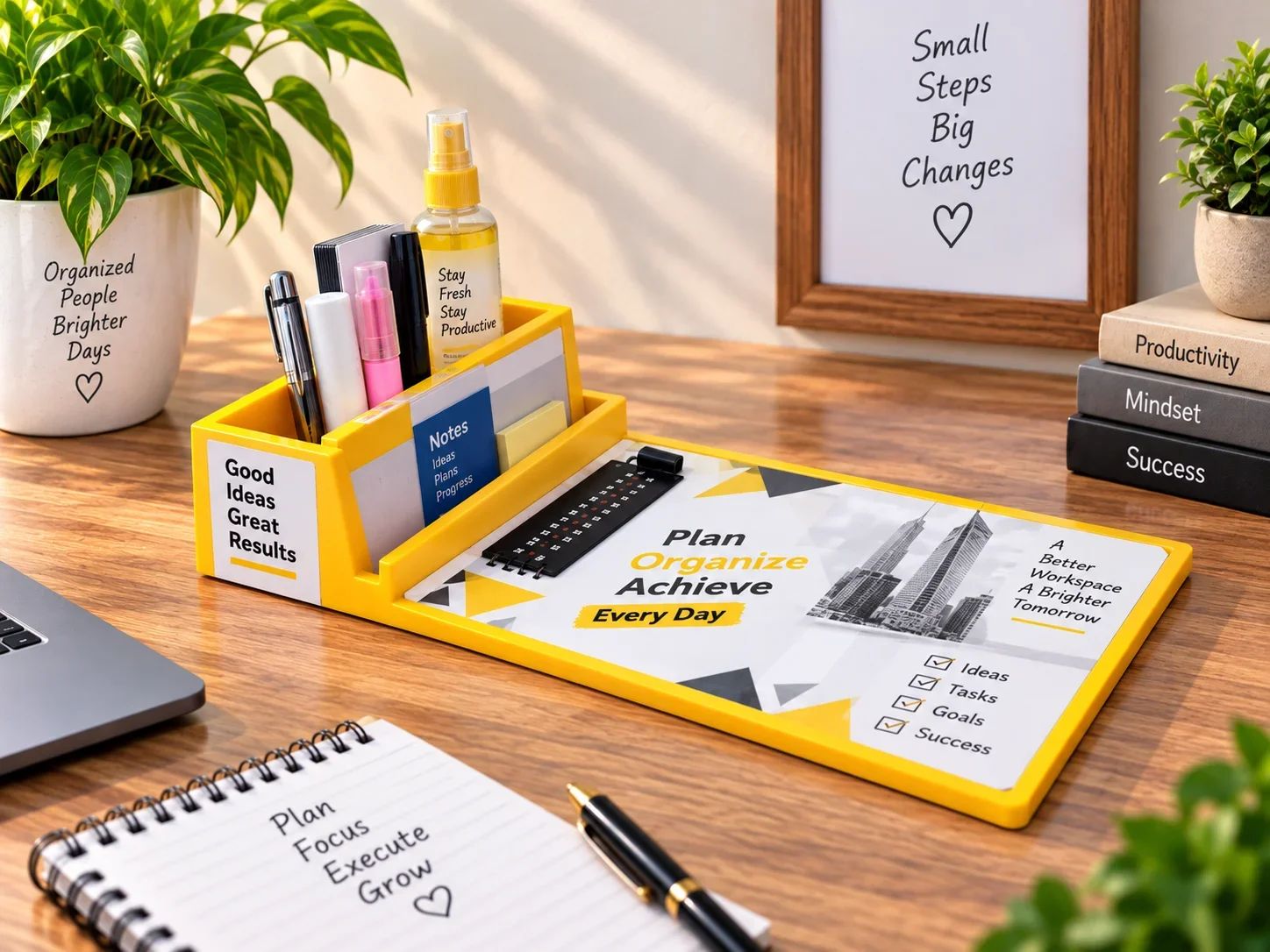 Yellow Desk Organizer with Integrated Clipboard