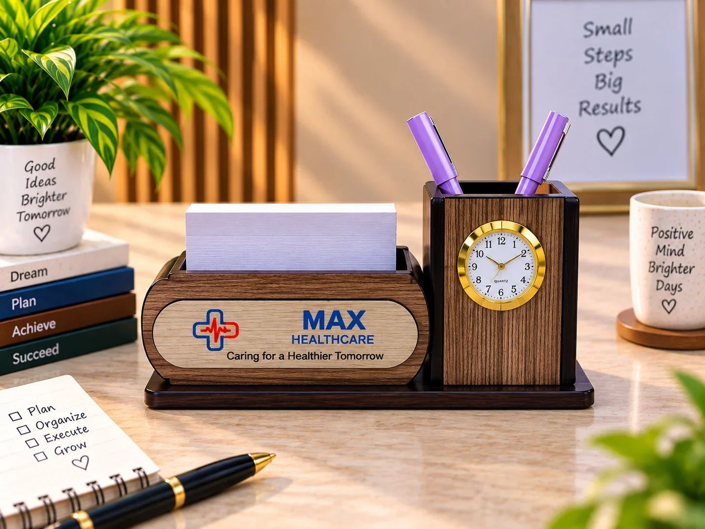 Max Healthcare Wooden Pen Stand with Analog Clock