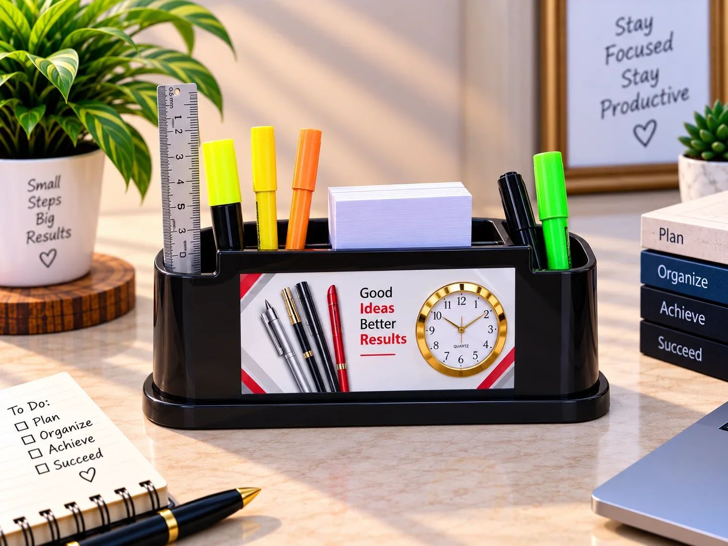 Executive Black Desk Organizer with Clock
