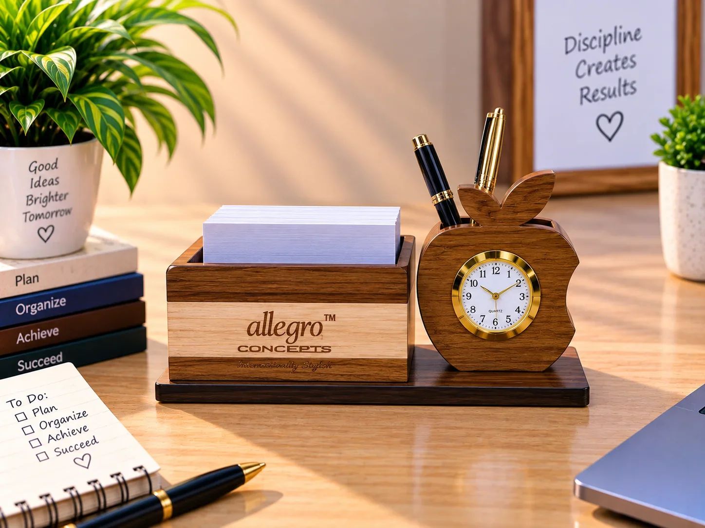 Allegro Concepts Wooden Desk Organizer with Clock