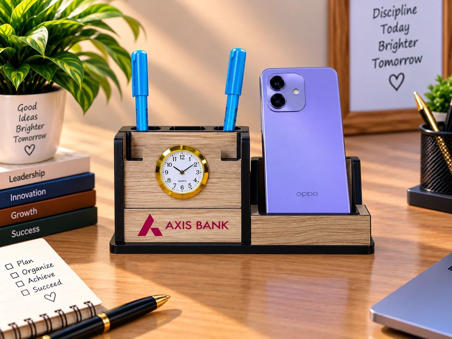 Axis Bank Wooden Desk Organizer with Clock